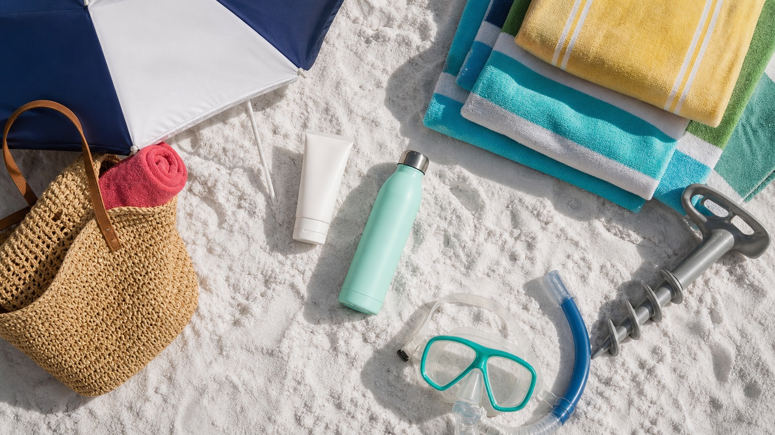 Beach day essentials laid out on white sand in Destin Florida including reef-safe sunscreen, colorful beach towels, insulated water bottle, snorkel gear, sand anchor and beach umbrella