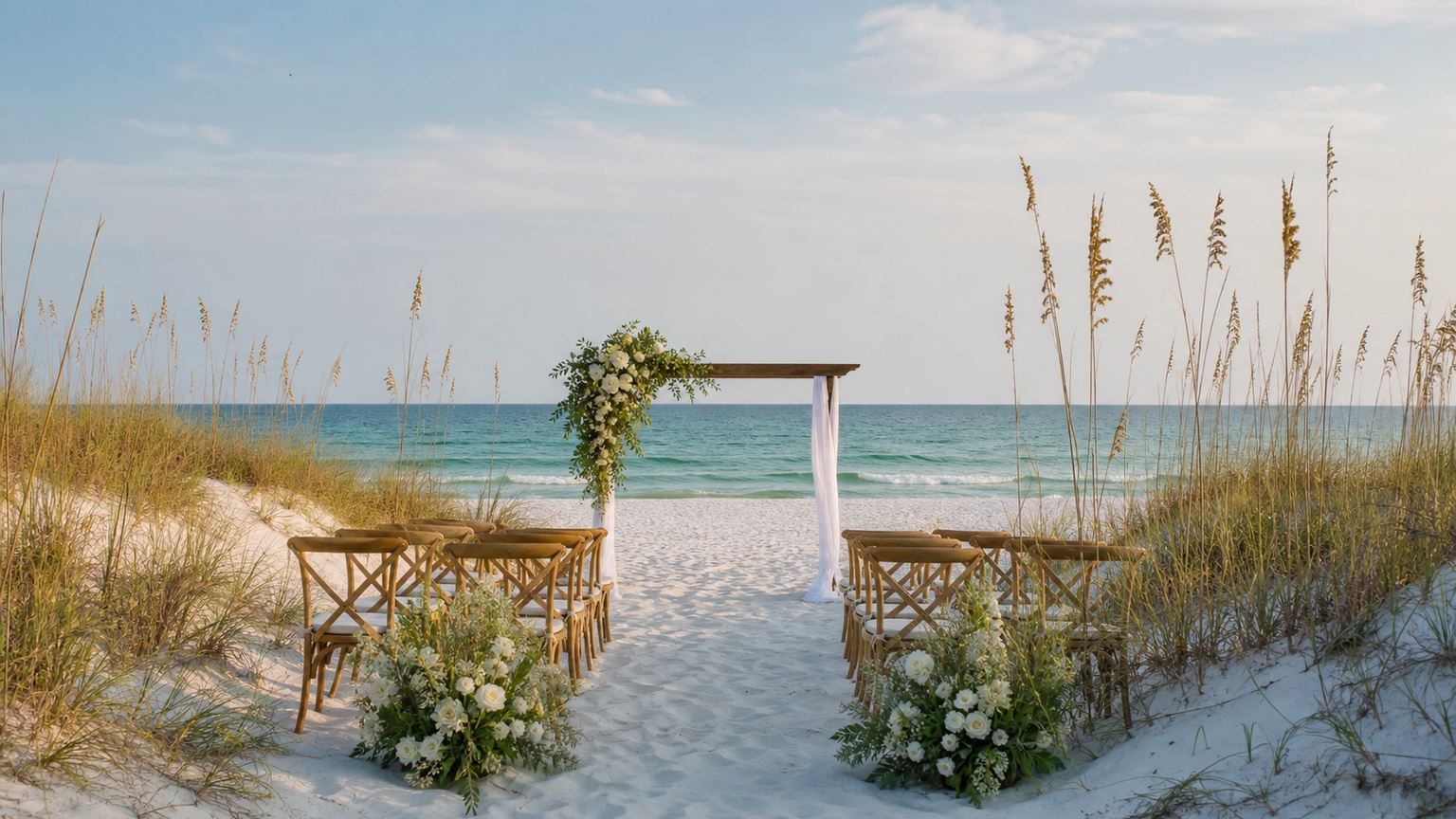 Natural beach wedding setting at Henderson Beach State Park Destin Florida with white sand dunes and sea oats framing an intimate ceremony