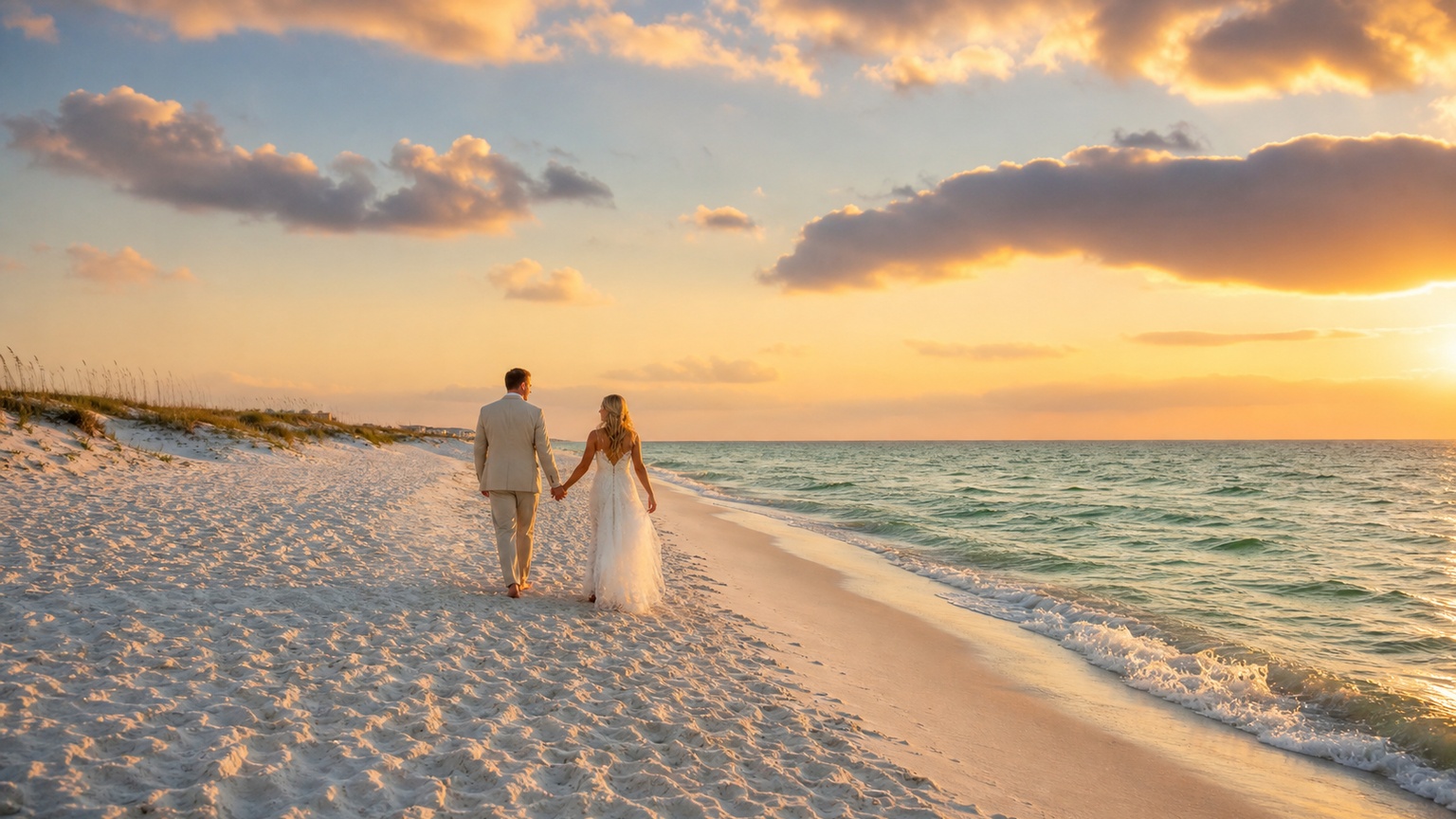 Bride and groom walking hand-in-hand along the Destin Florida beach at golden hour, warm sunset light over the Gulf of Mexico, romantic and joyful