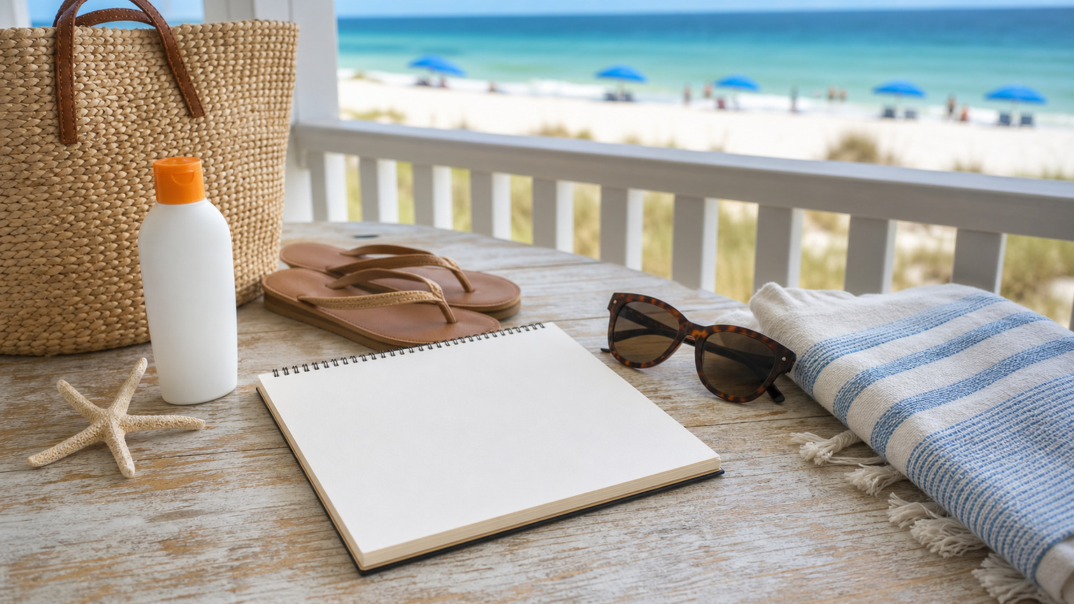Notepad with family reunion budget breakdown beside beach vacation items — sunscreen, flip flops, sunglasses — on a Destin vacation rental porch