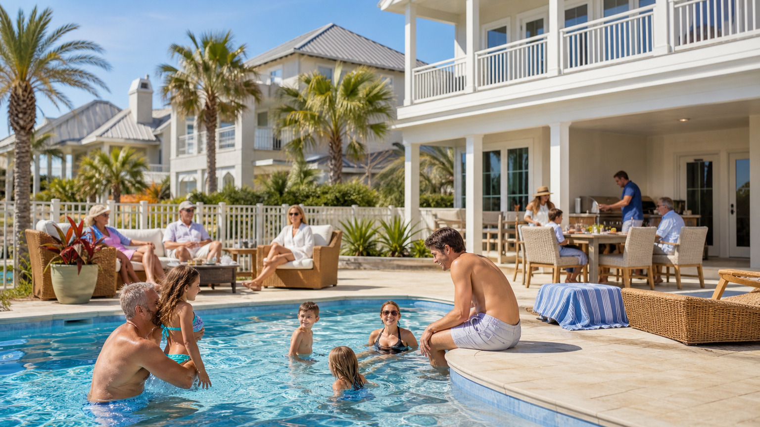 Large vacation rental home with private pool and outdoor patio filled with three generations of a family enjoying a reunion in Destin Florida