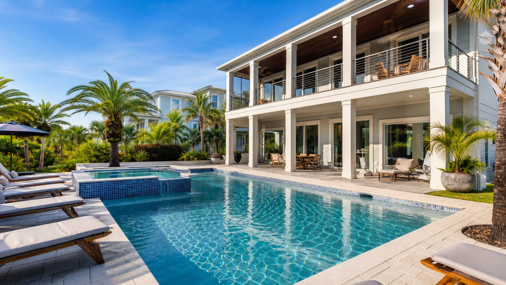 Spacious vacation rental home in Miramar Beach Florida with a sparkling private pool and tropical landscaping on a sunny Florida afternoon