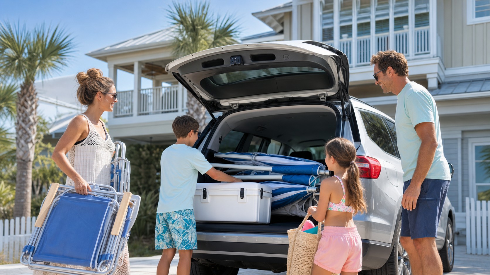 Family loading beach gear and cooler into a rental car parked in the driveway of a Miramar Beach vacation rental house on a sunny summer morning