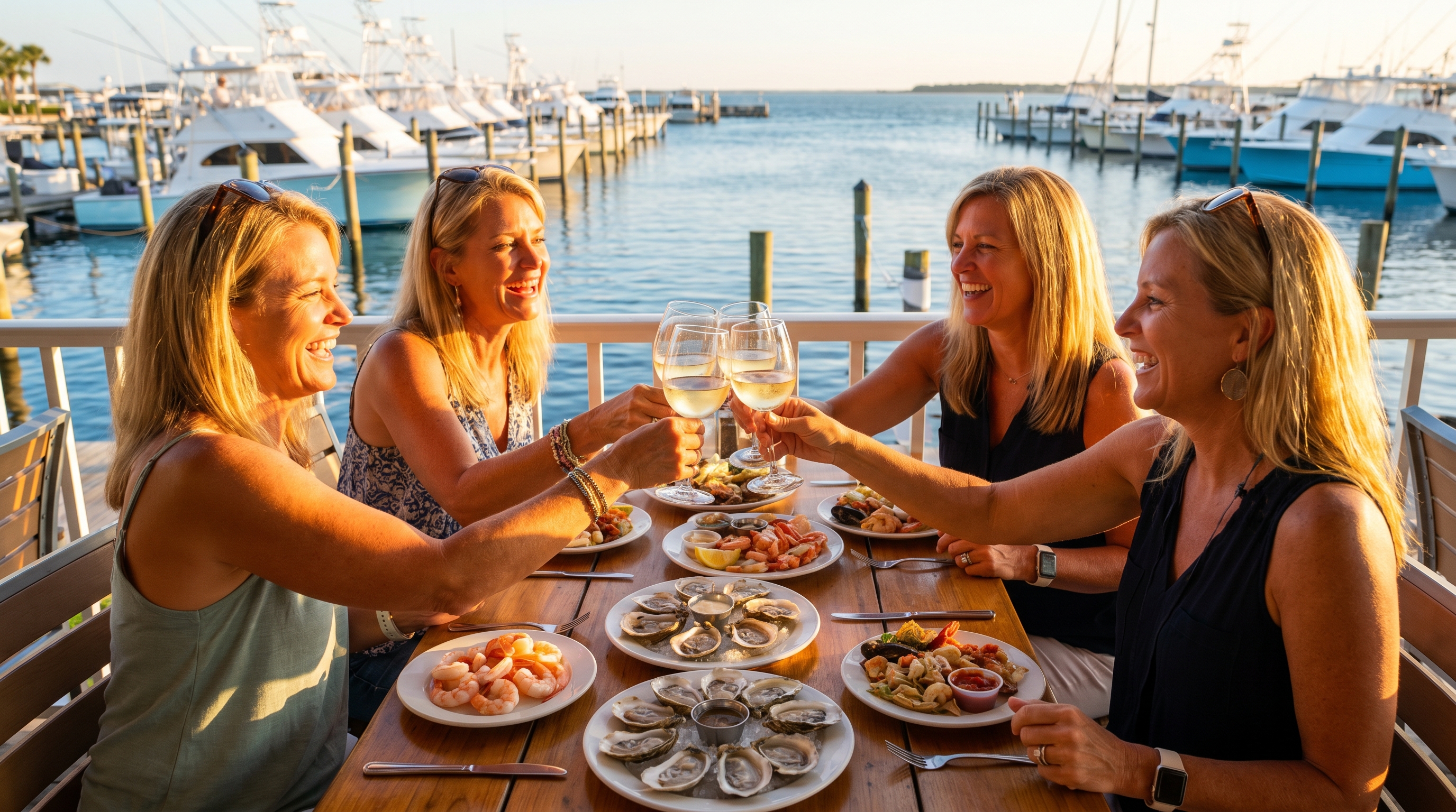 Group of women clinking cocktail glasses at an outdoor waterfront seafood restaurant in Destin Florida with harbor views