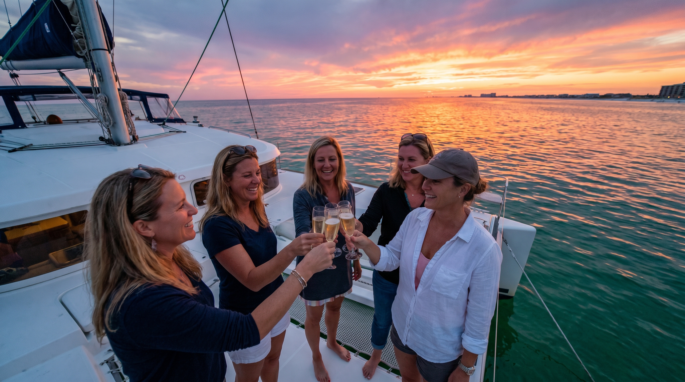 Group of women on a catamaran sailing into a golden sunset over the Gulf of Mexico near Destin Florida with champagne glasses