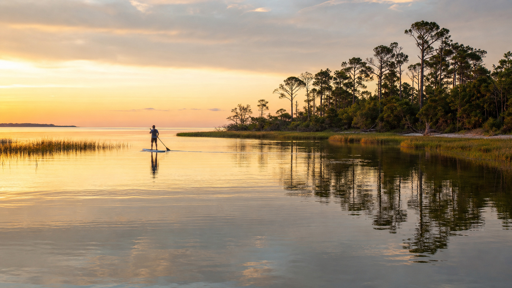 Paddleboarder on flat calm glassy water of Choctawhatchee Bay near Destin Florida at sunrise, mangrove shoreline and golden morning light
