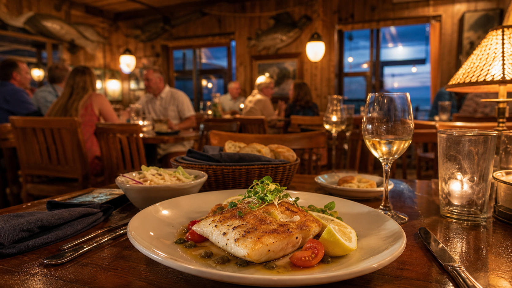 Cozy local seafood restaurant interior in Destin Florida with wood paneling, local fishing photos on the walls, and fresh-caught fish on plates, warm evening lighting