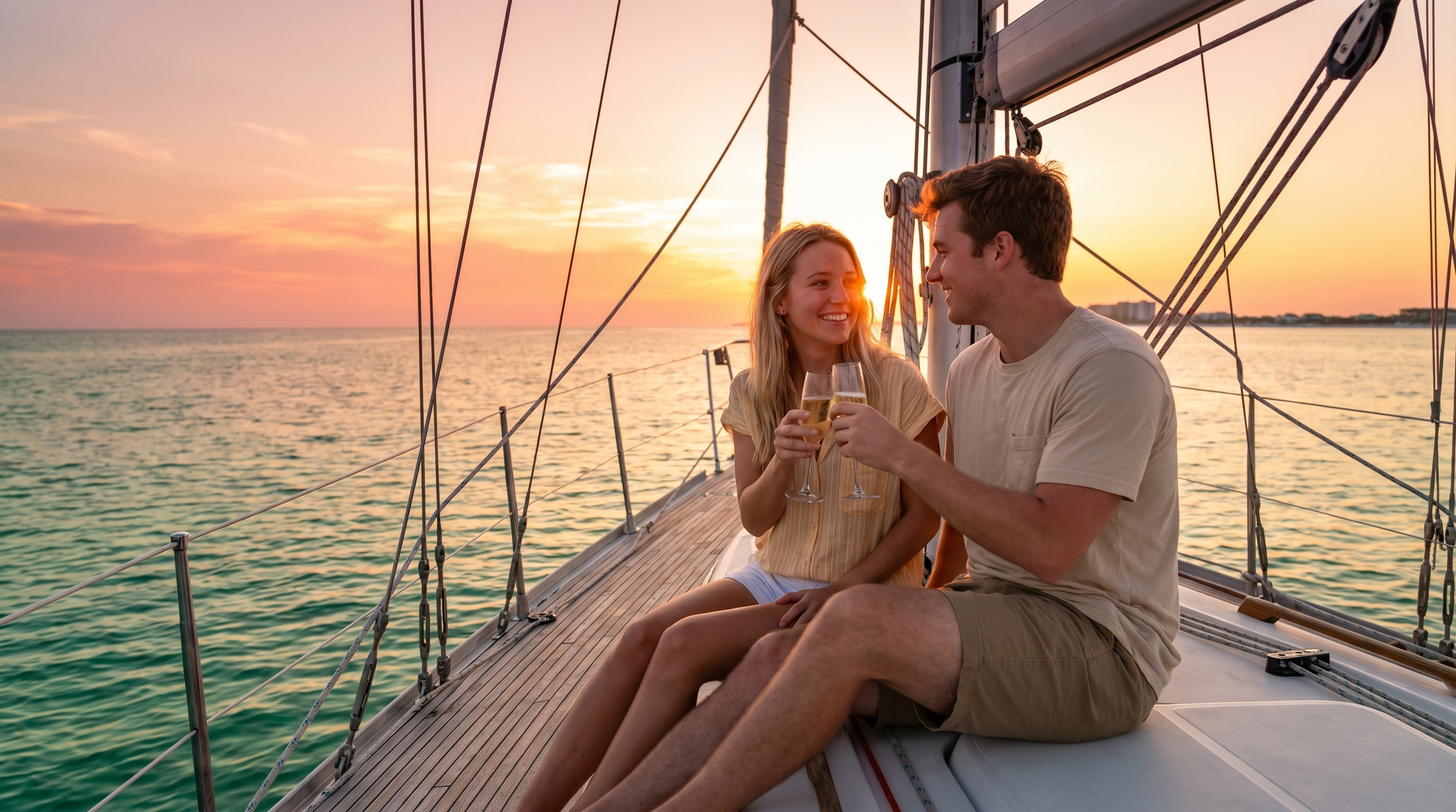 Couple toasting champagne on a private sailboat at golden hour on the Gulf of Mexico near Destin Florida