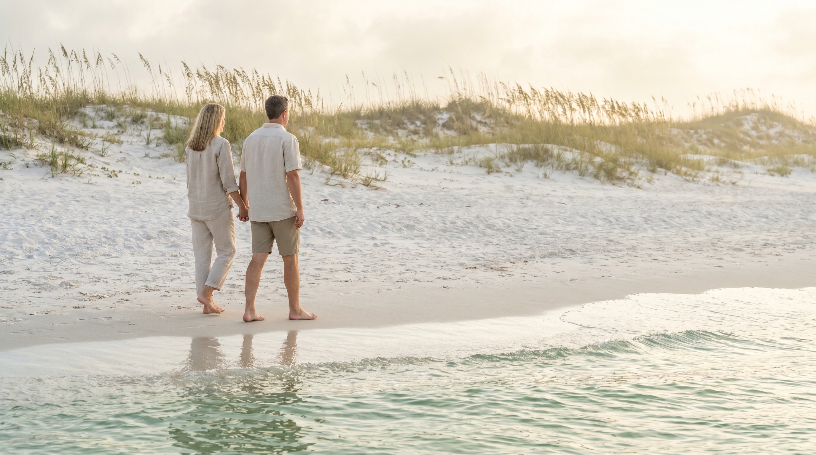 Couple walking barefoot along the Gulf of Mexico at Henderson Beach State Park in Destin with calm emerald water and natural dunes