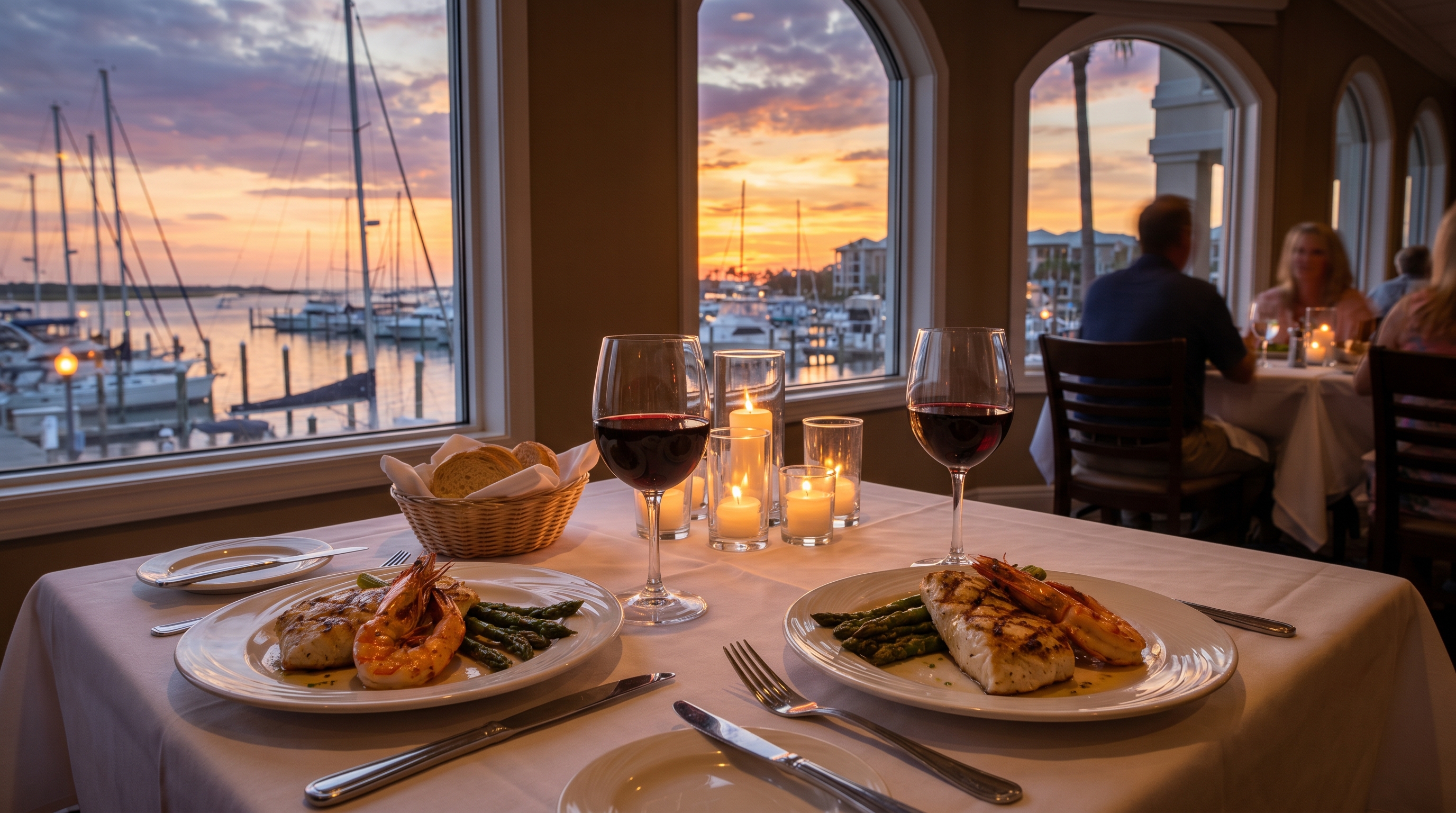 Romantic candlelit dinner for two at a waterfront Destin restaurant with harbor views at golden hour
