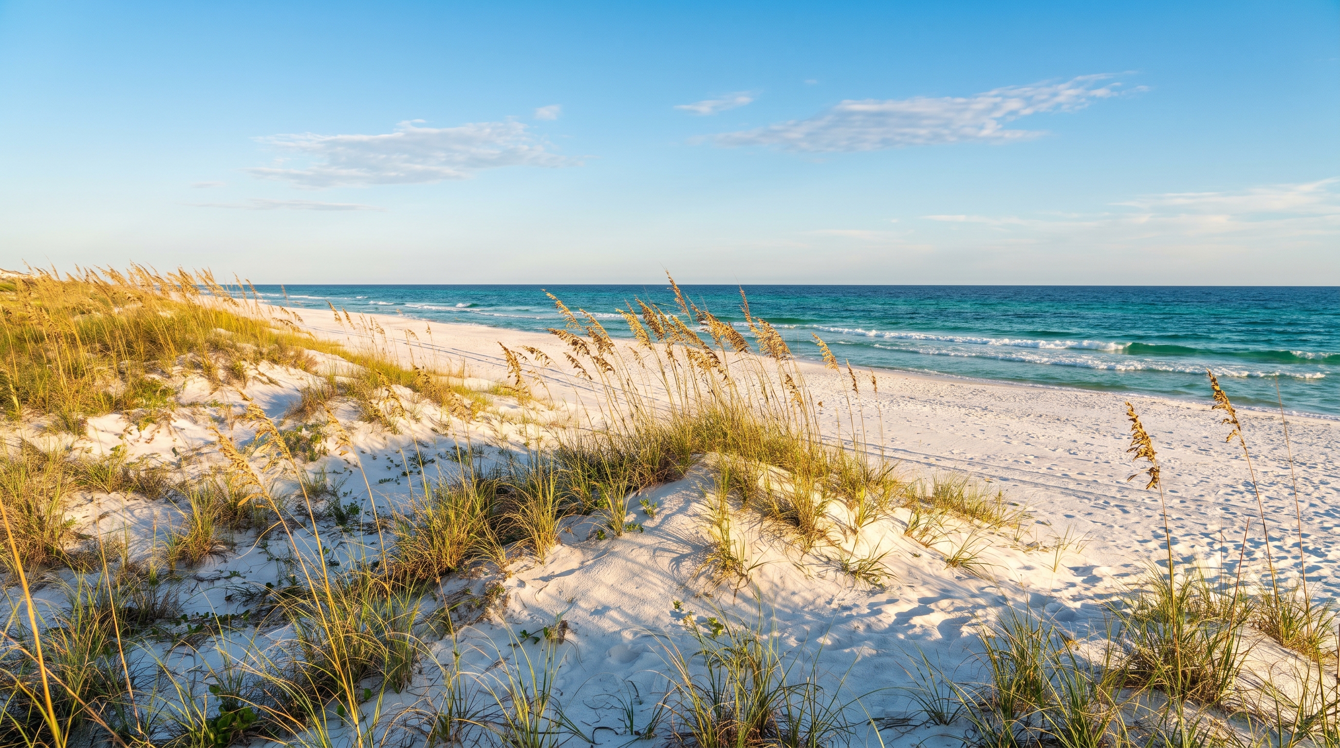Empty pristine white sand beach in Destin Florida on a clear fall morning with turquoise Gulf water and natural dunes