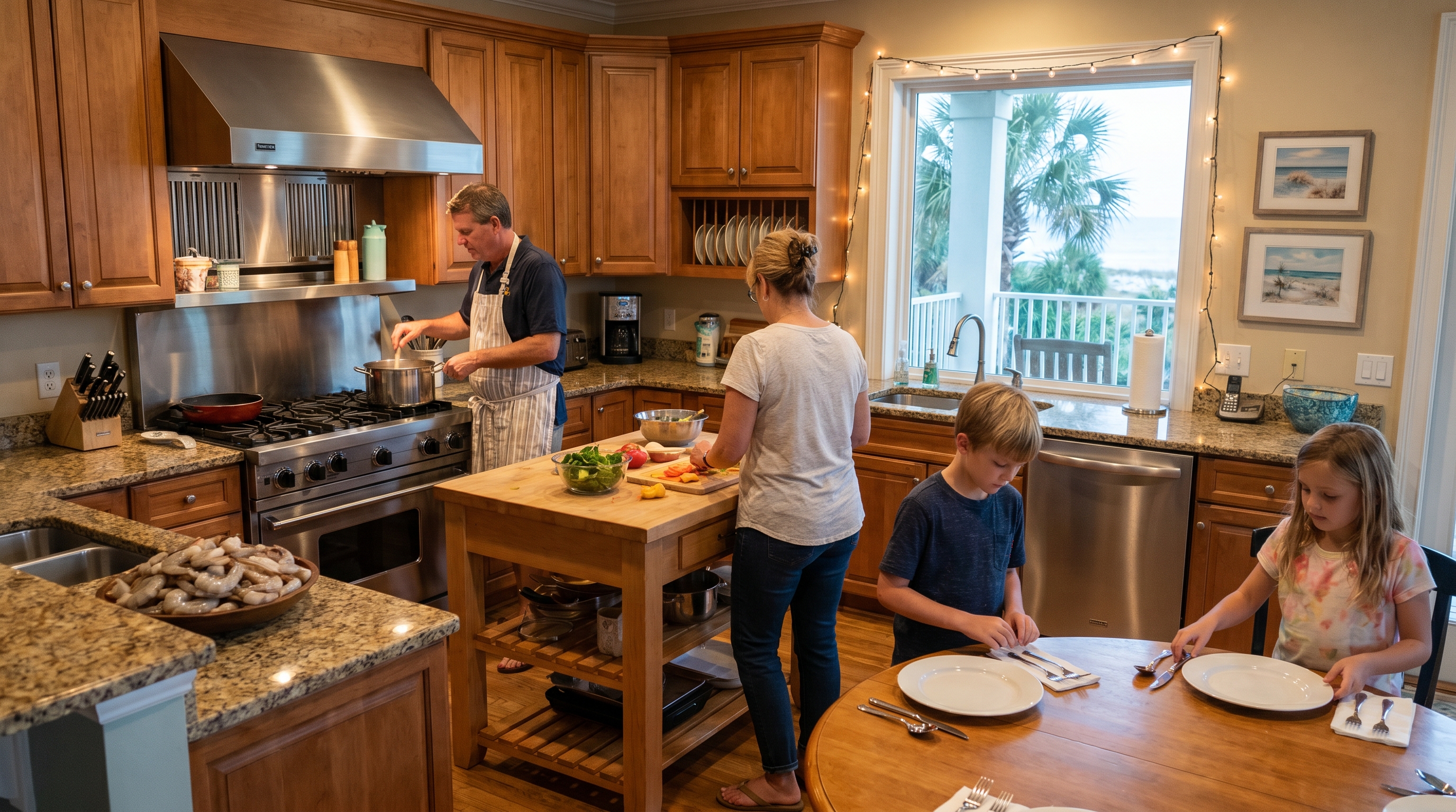 Family cooking Gulf shrimp together in a vacation rental kitchen