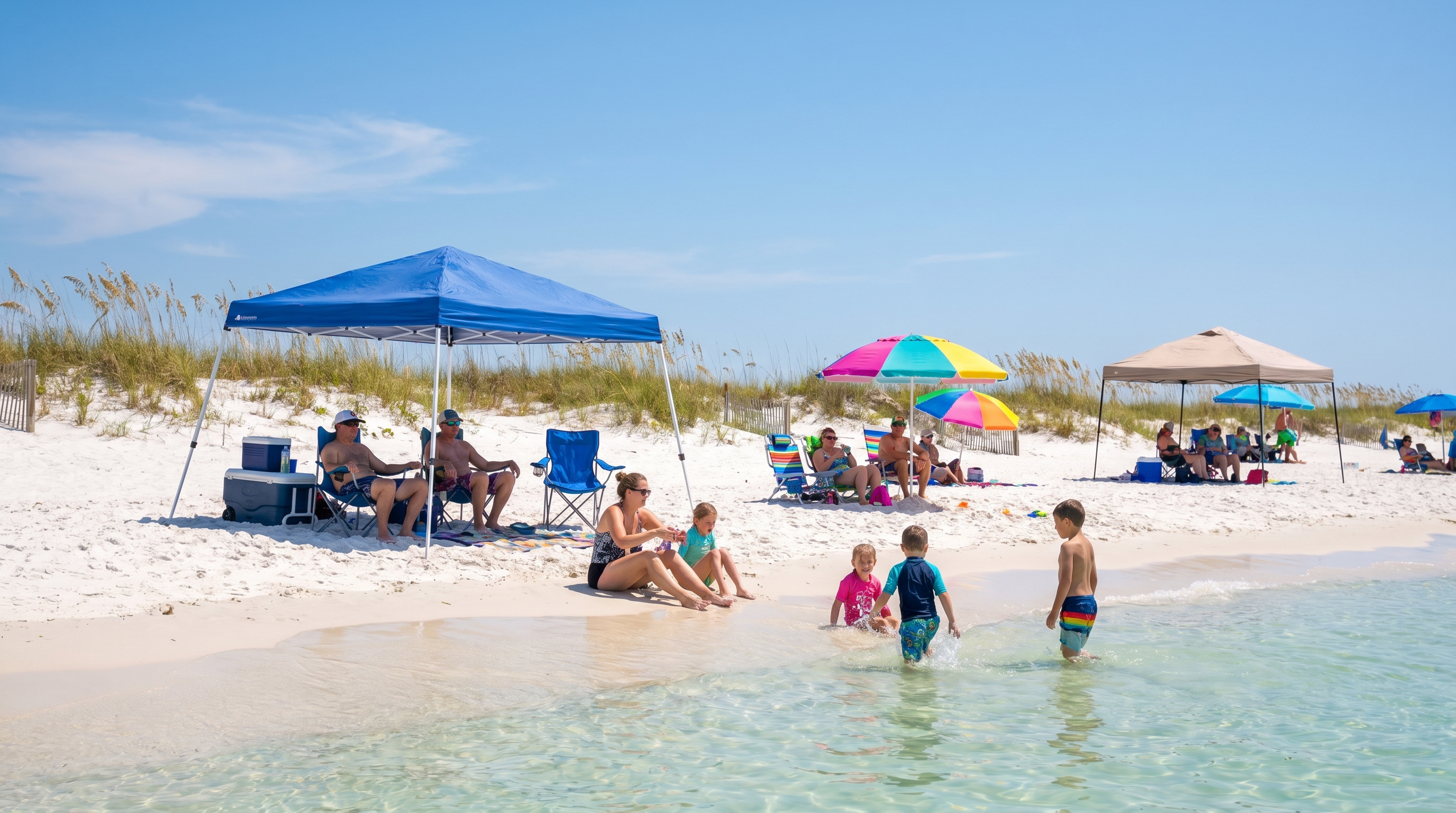 Families enjoying a free public beach day at Okaloosa Island