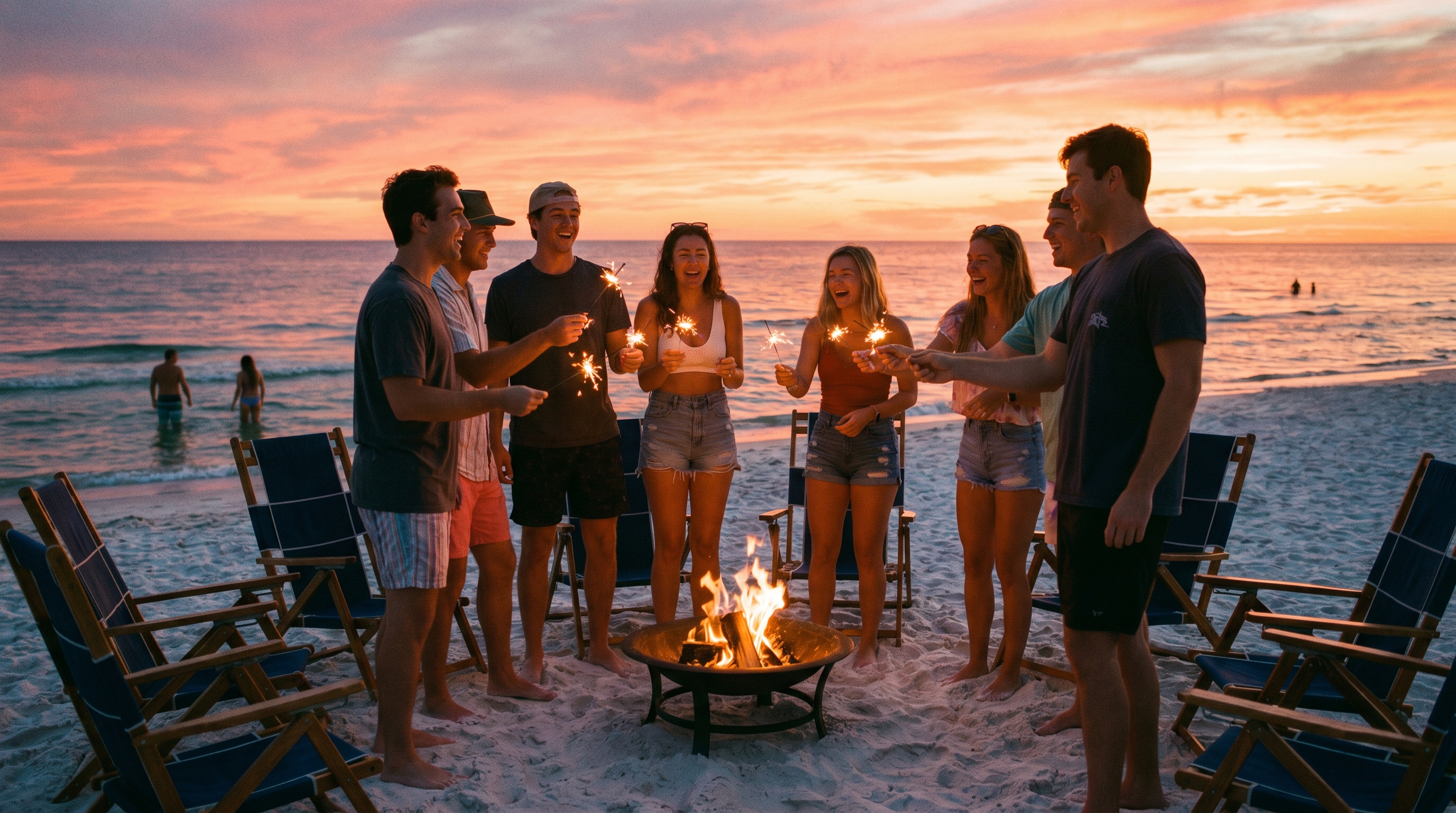 Friends around a beach bonfire at sunset in Miramar Beach