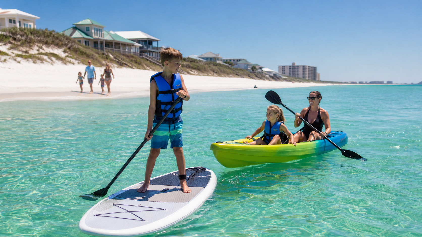 Group of excited people boarding a dolphin cruise boat at Destin Harbor boardwalk on a sunny summer morning with charter fishing boats and emerald water in the background