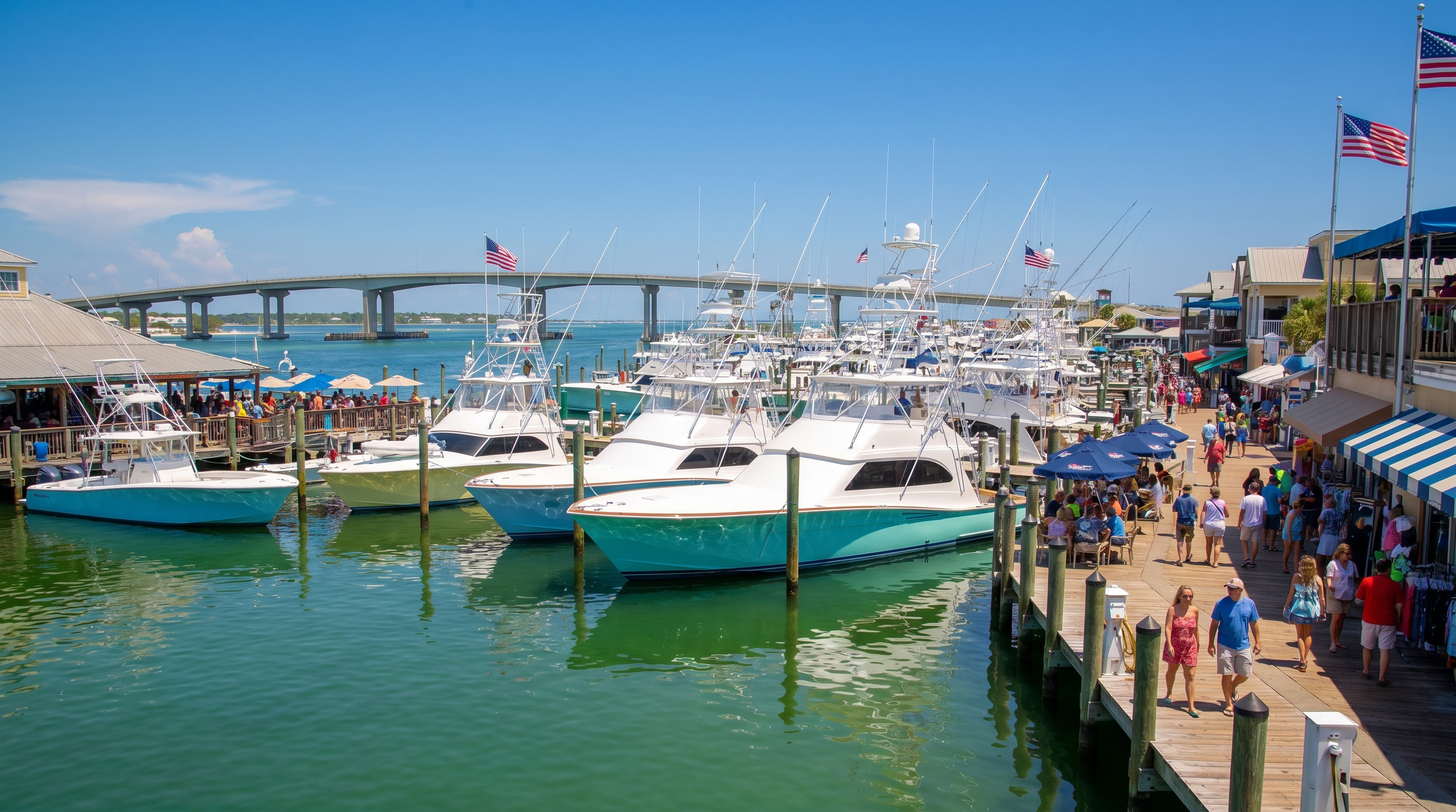 Destin Harbor boardwalk with sport fishing charter boats docked and tourists enjoying waterfront activities