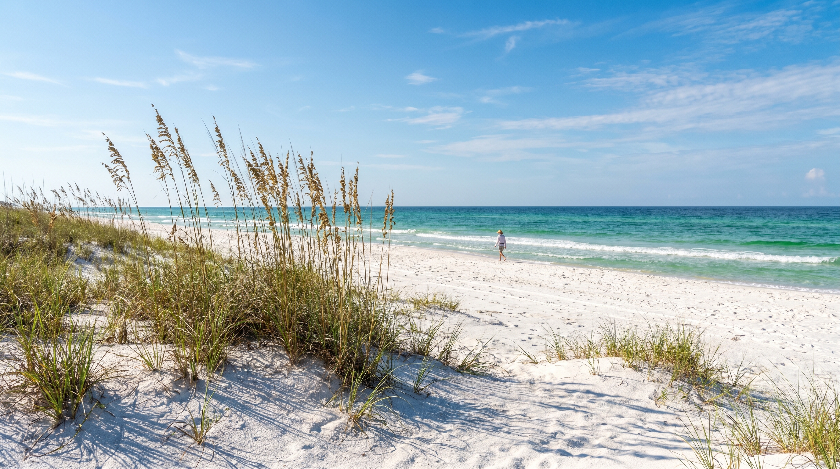 Pristine empty white sand beach at Grayton Beach State Park Florida with emerald green Gulf water