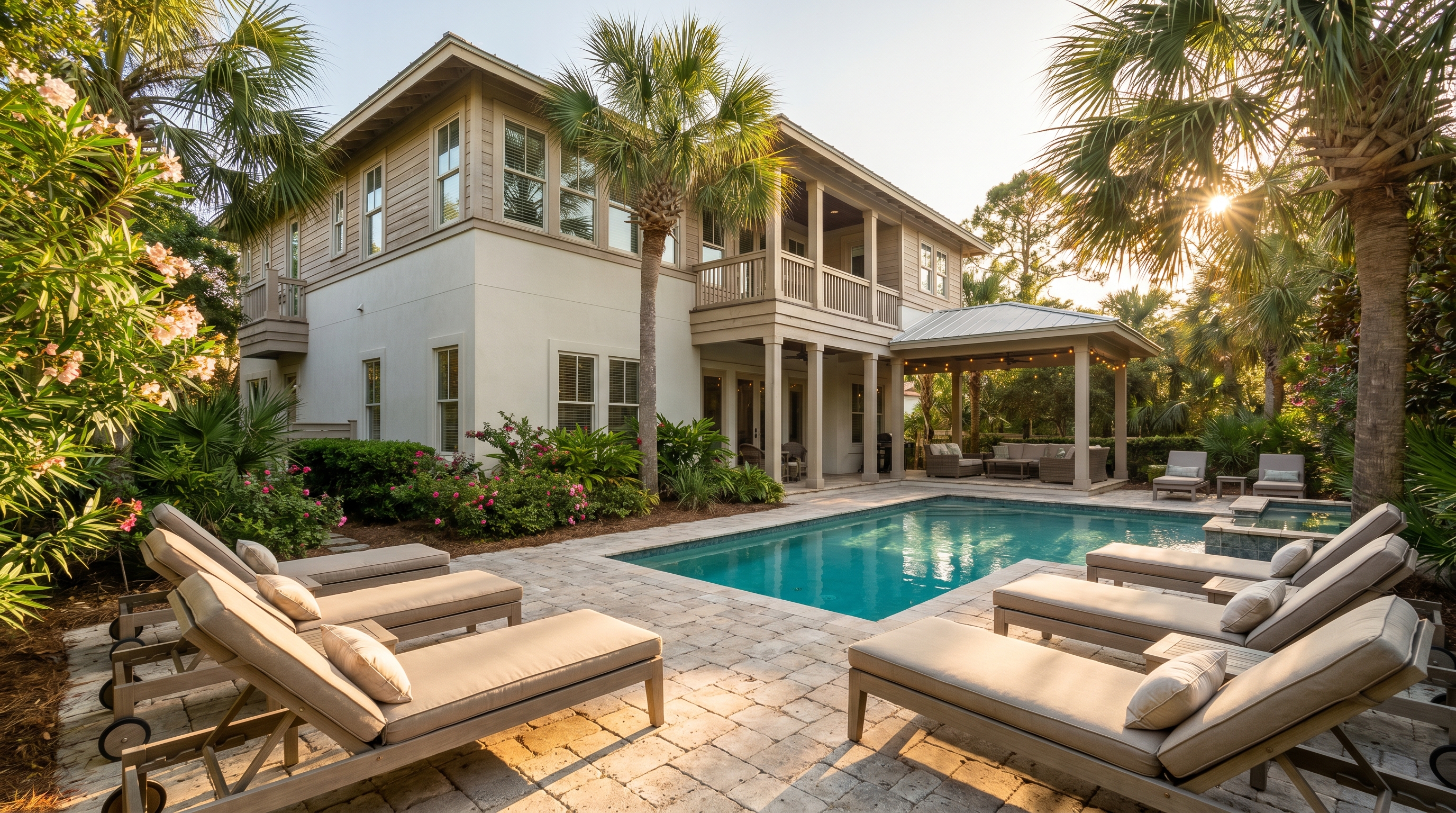 Beautiful vacation rental home with private pool in Miramar Beach Florida surrounded by tropical palms