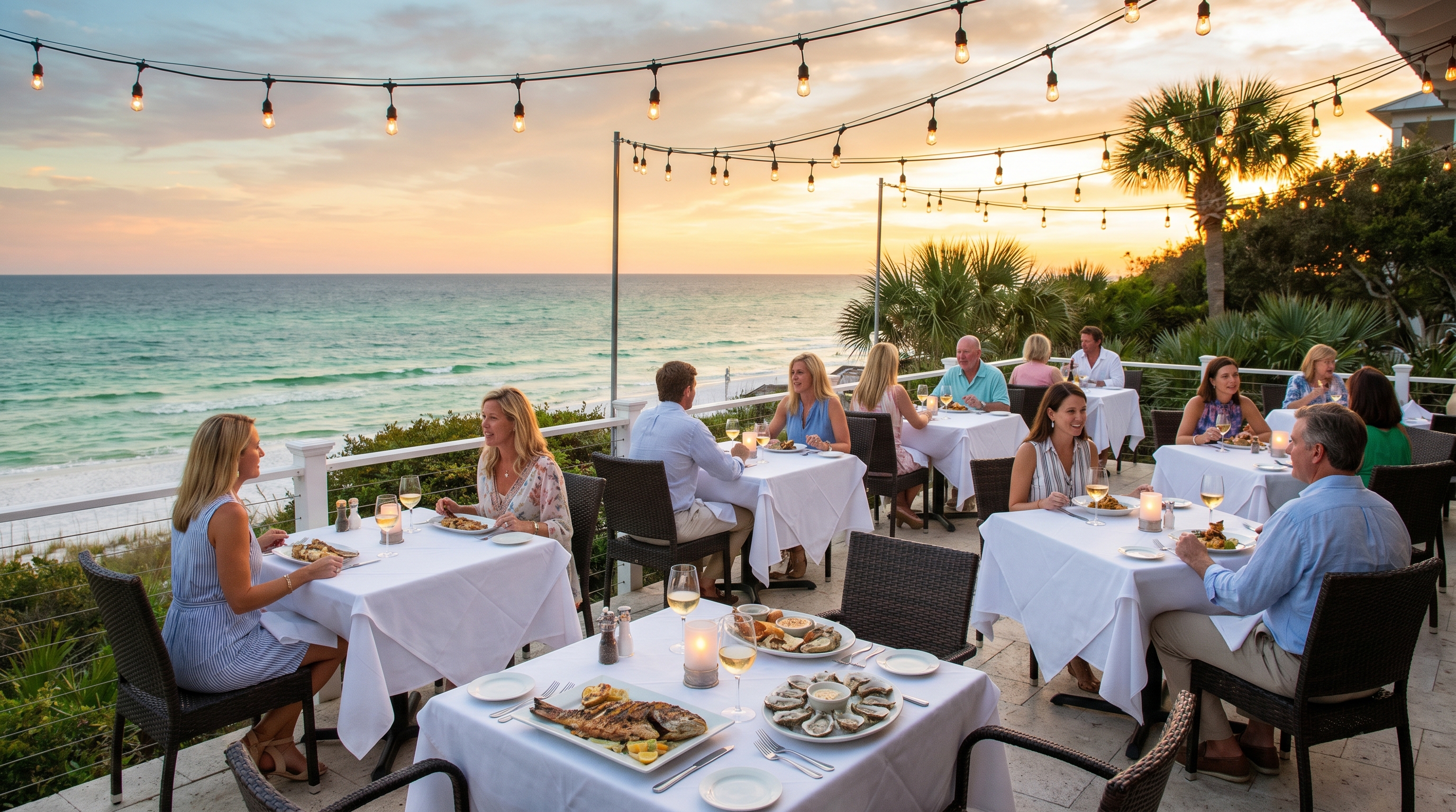 Elegant outdoor dining terrace at a Gulf-front 30A Florida restaurant at golden hour with fresh seafood