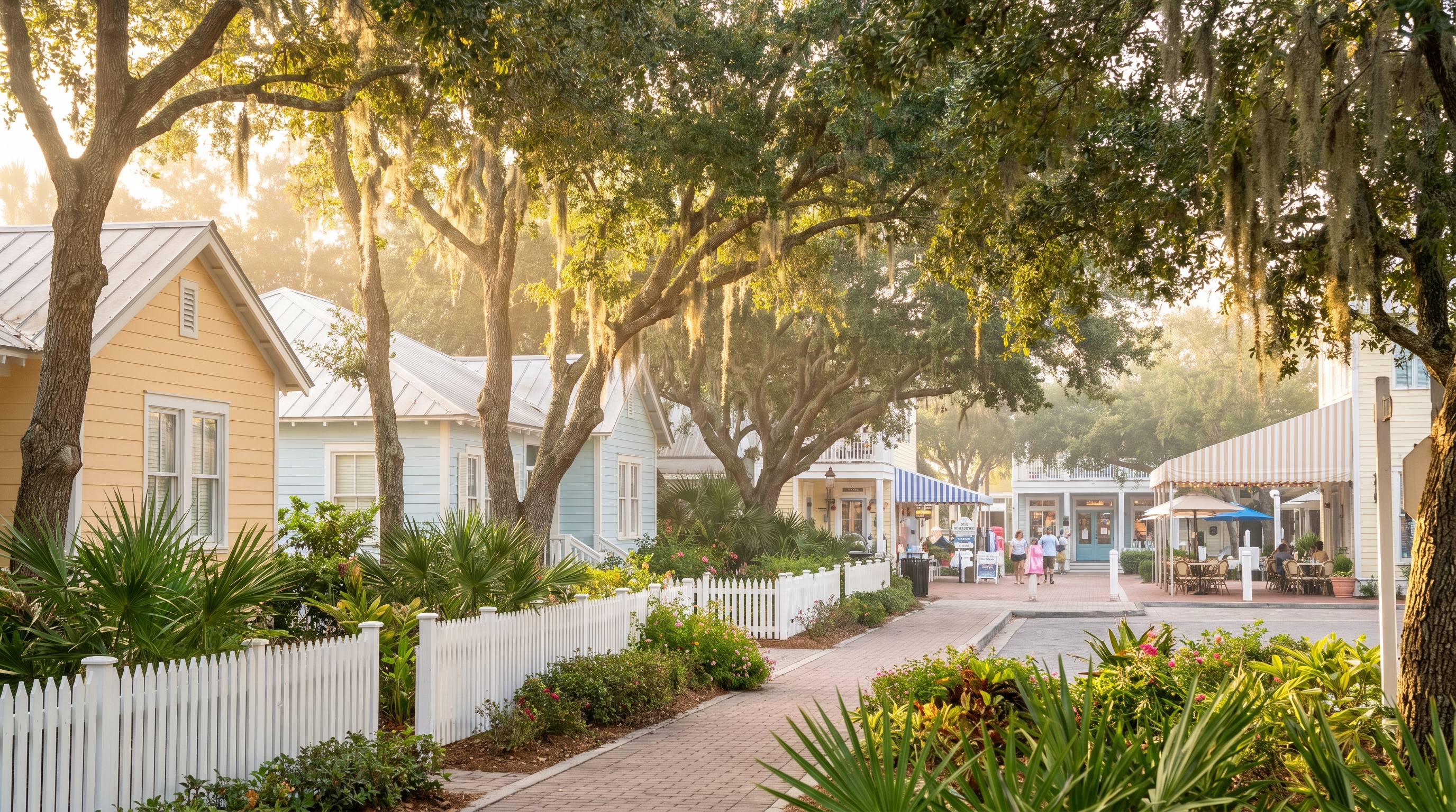 Charming Seaside Florida 30A beach community with iconic pastel cottages and white picket fences