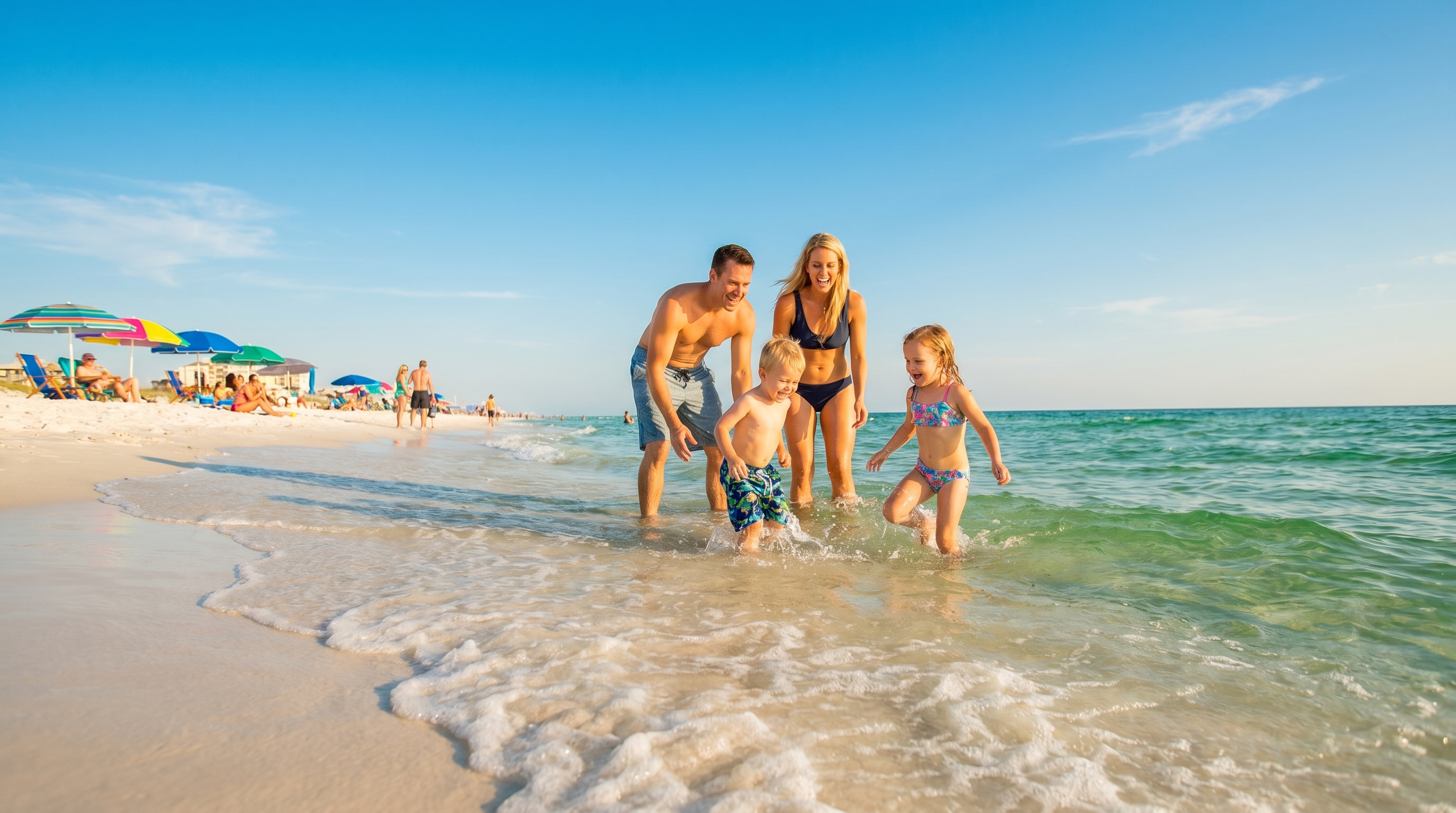 Family with young children playing in the warm emerald water at Destin Florida beach on a sunny day