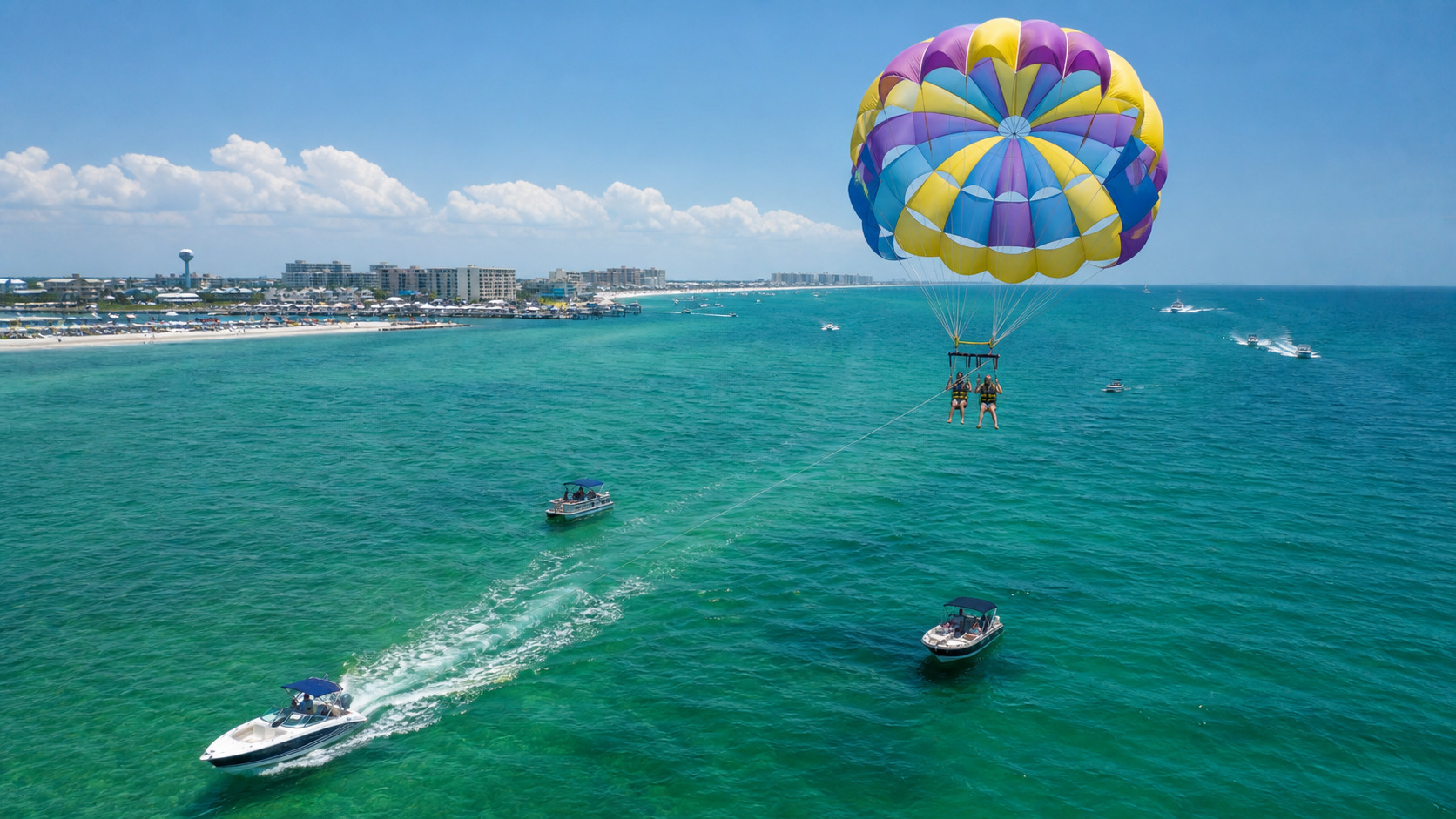 Parasailers over the crystal emerald Gulf water at Destin Florida Harbor with charter boats and pontoons below on a bright summer day
