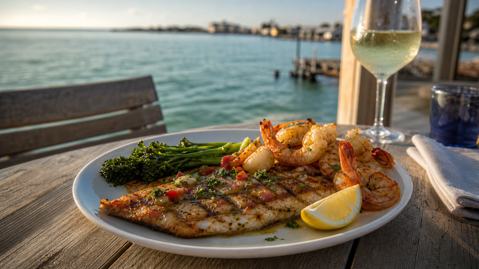 Fresh Gulf shrimp boil and grilled red snapper platter served at a waterfront seafood restaurant with water views in Destin Florida