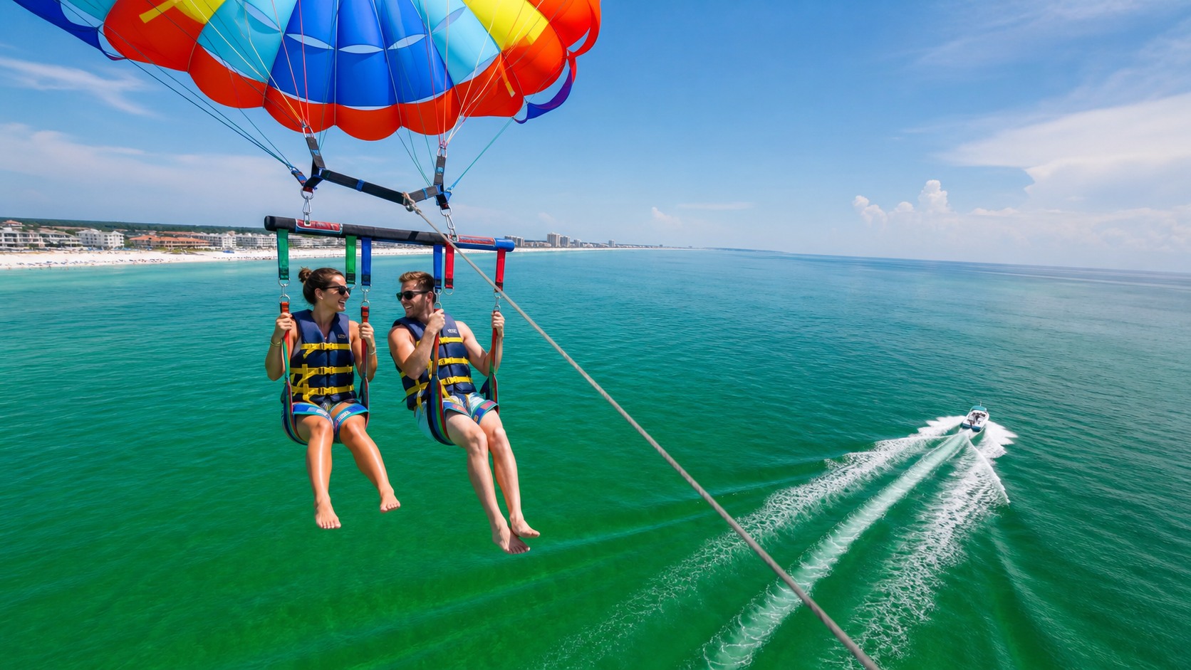 Two adults parasailing on tandem harness high above the brilliant emerald-green Gulf of Mexico water near Destin Florida on a sunny summer day