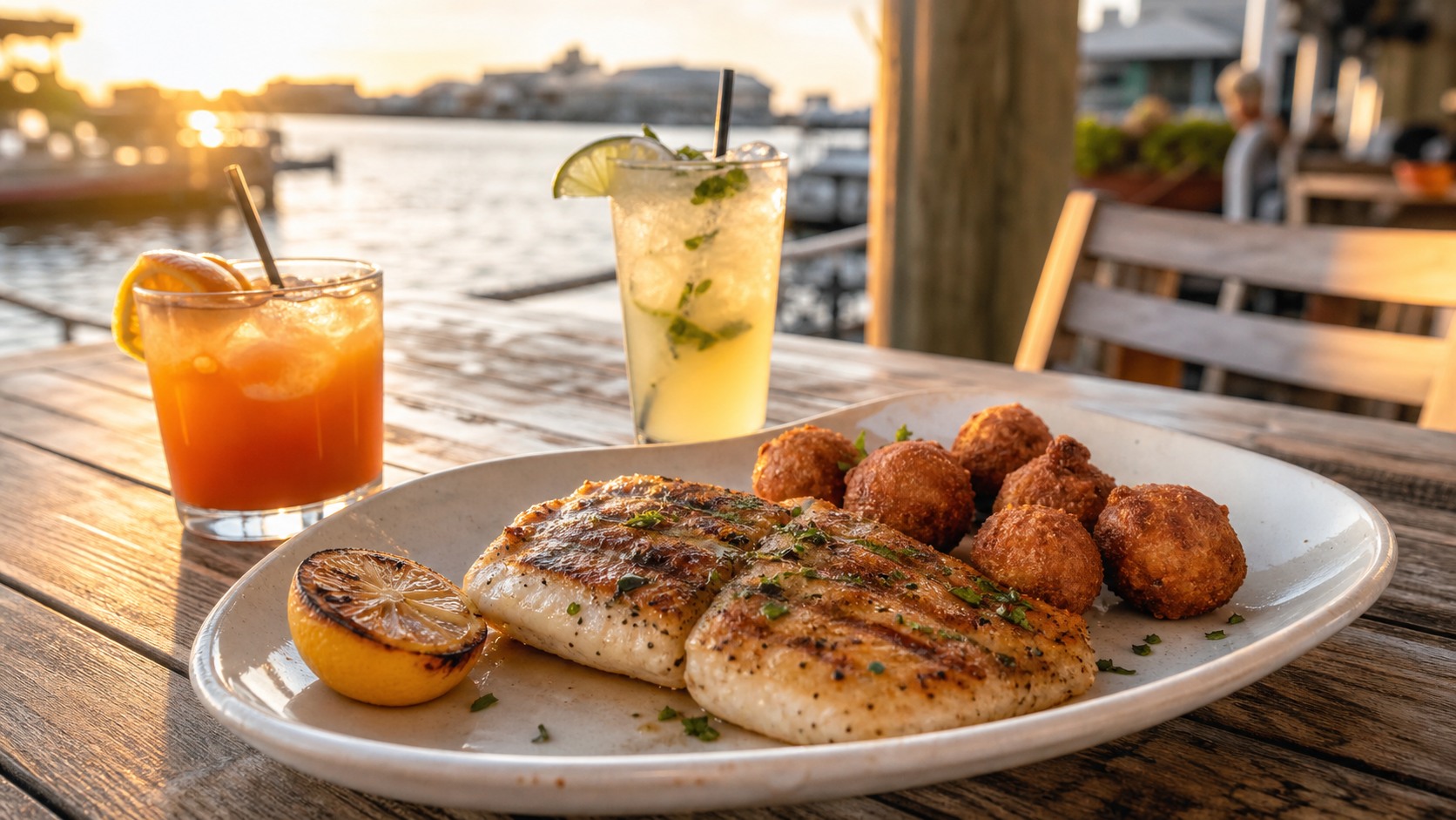 Grilled Gulf grouper fillet with hush puppies and craft cocktails on a wooden table at a casual waterfront Destin restaurant at golden hour