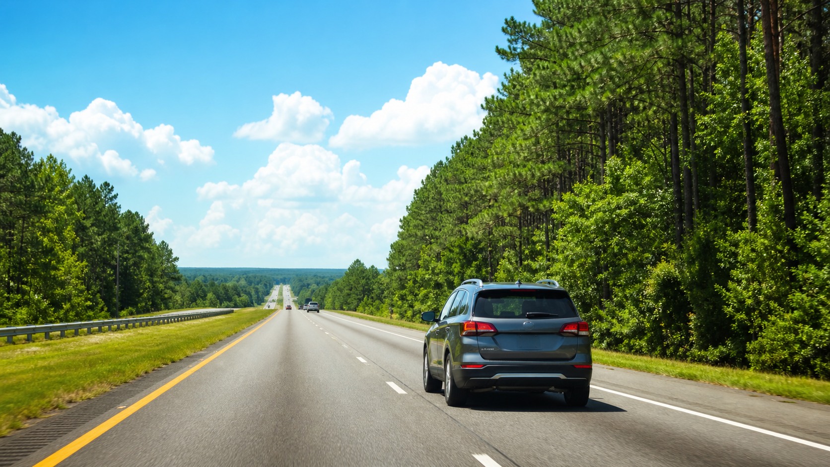 Family road-tripping south on a sunny interstate highway through the green Southern US landscape toward the Florida Panhandle