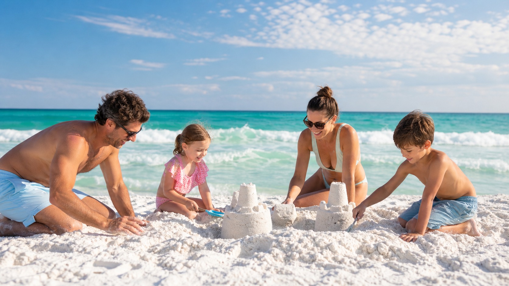 Happy family with young children building sandcastles on the white sugar sand beach in Miramar Beach Florida with emerald Gulf water behind them