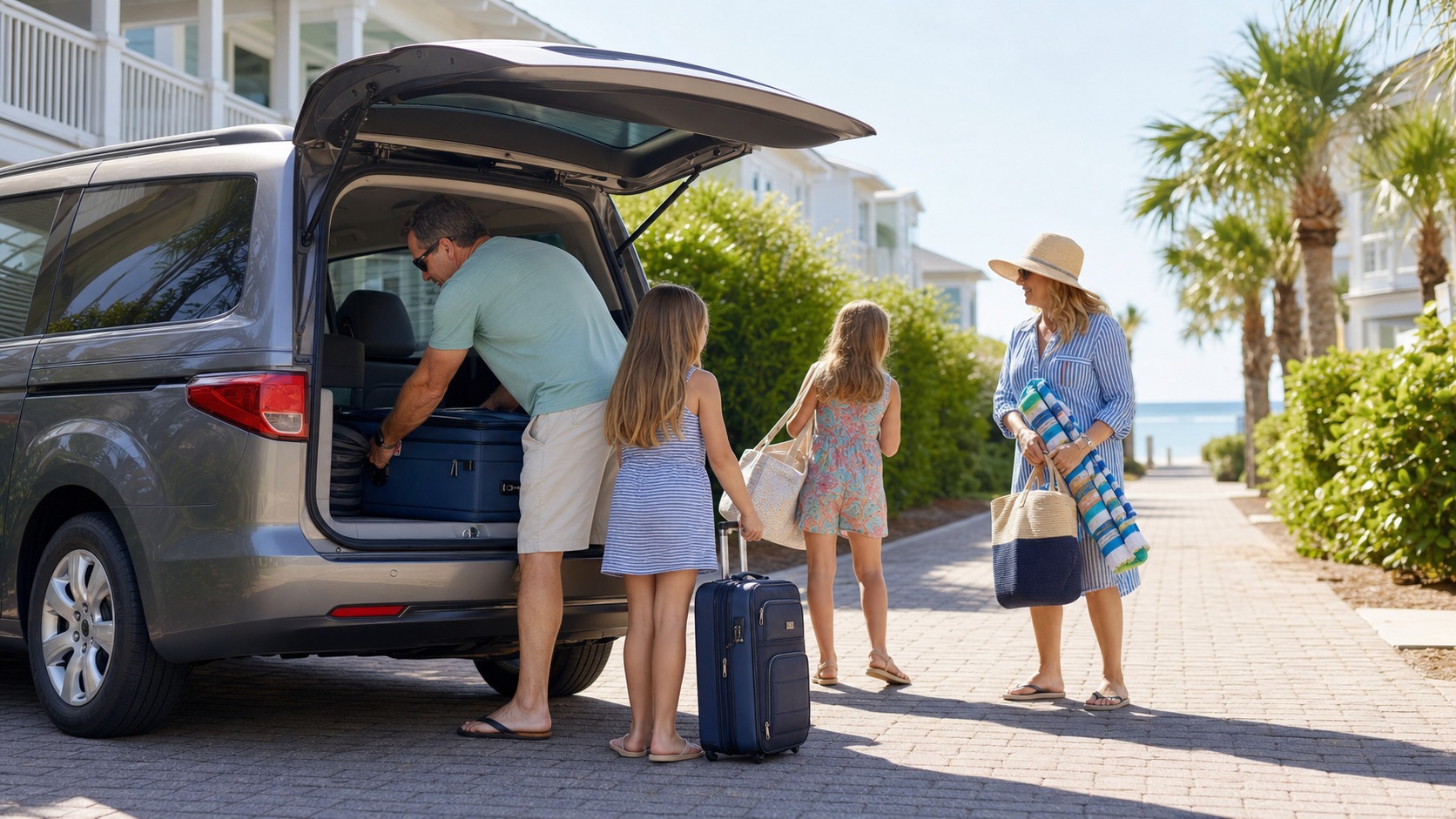 Family loading luggage into a minivan for a road trip to Destin Florida, smiling on a sunny summer morning