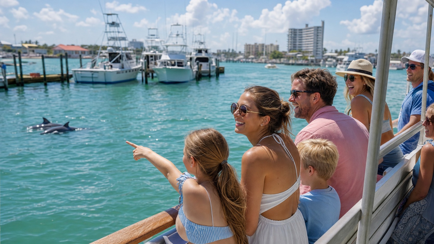 Group of excited passengers on a dolphin watching cruise in Destin Harbor with the emerald Gulf and charter fishing boats in the background
