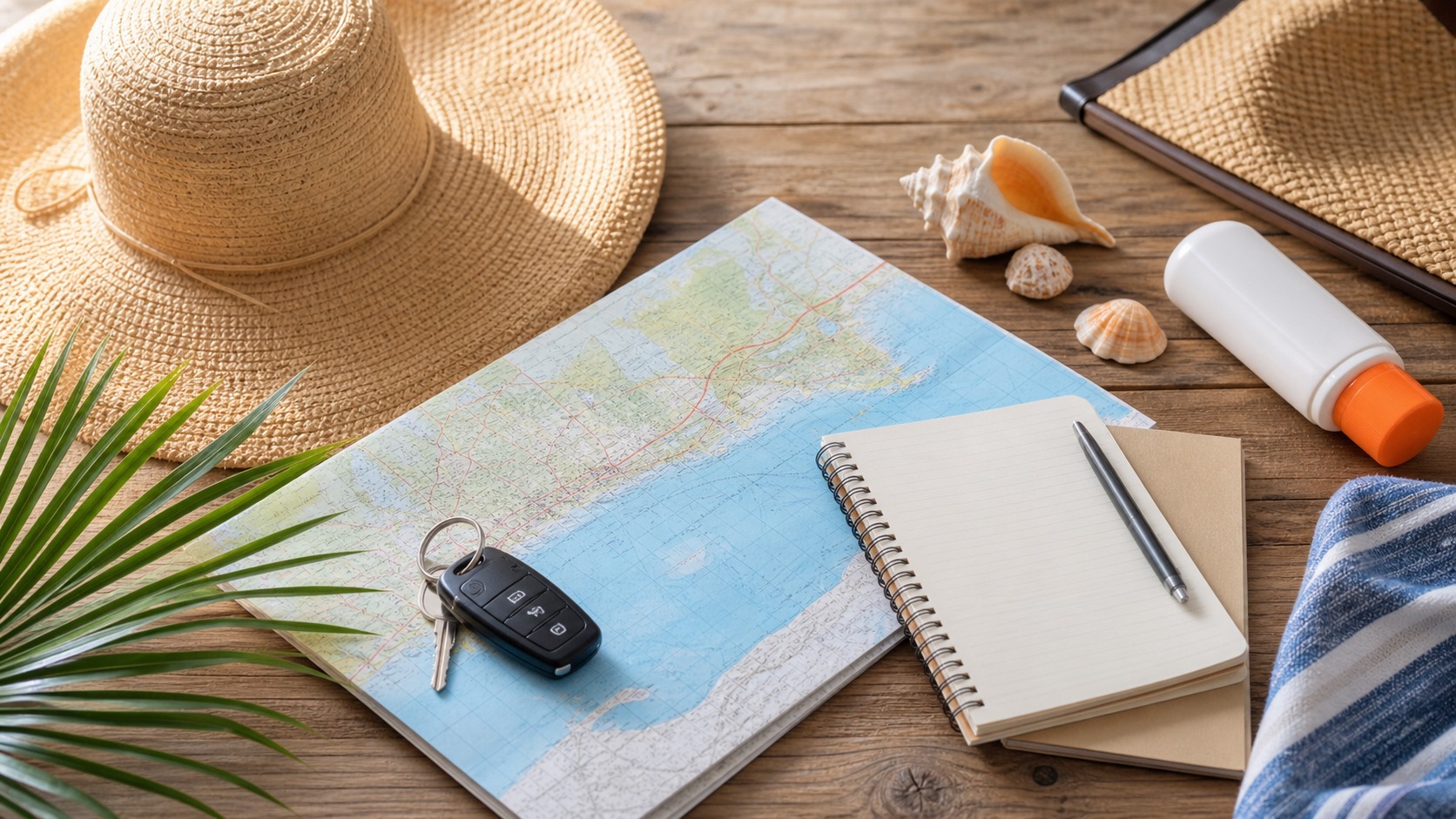 Family vacation planning scene with a road map of Florida, car keys, and a notepad listing beach trip expenses