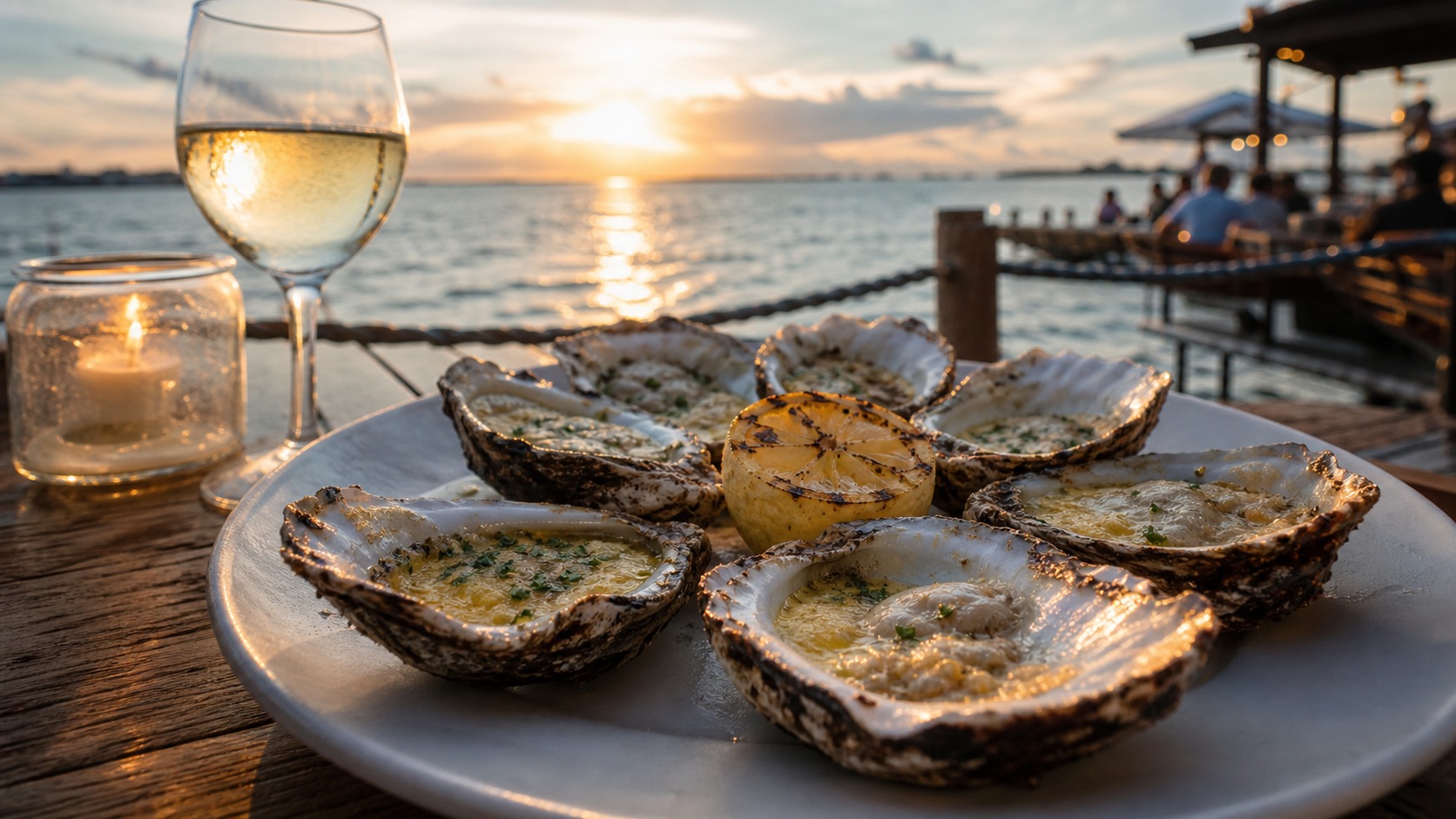 Chargrilled Gulf oysters on the half shell with garlic butter at a waterfront seafood restaurant in Destin Florida at sunset