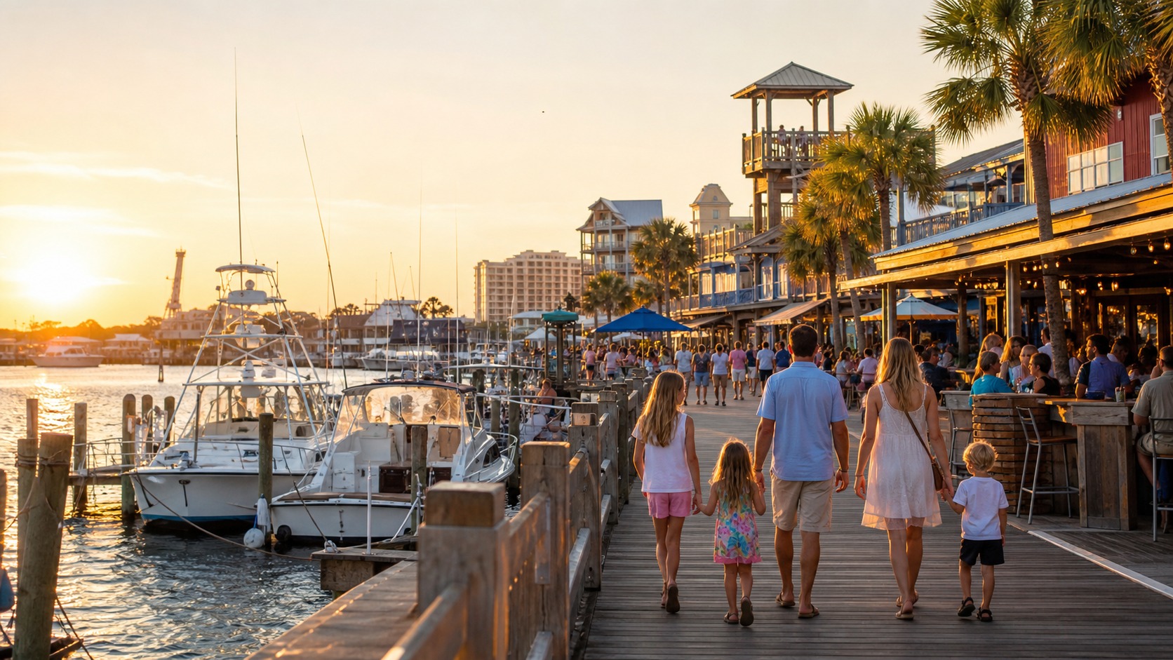 Lively Destin HarborWalk Village at golden hour with boats docked, waterfront restaurants full, and families walking the boardwalk
