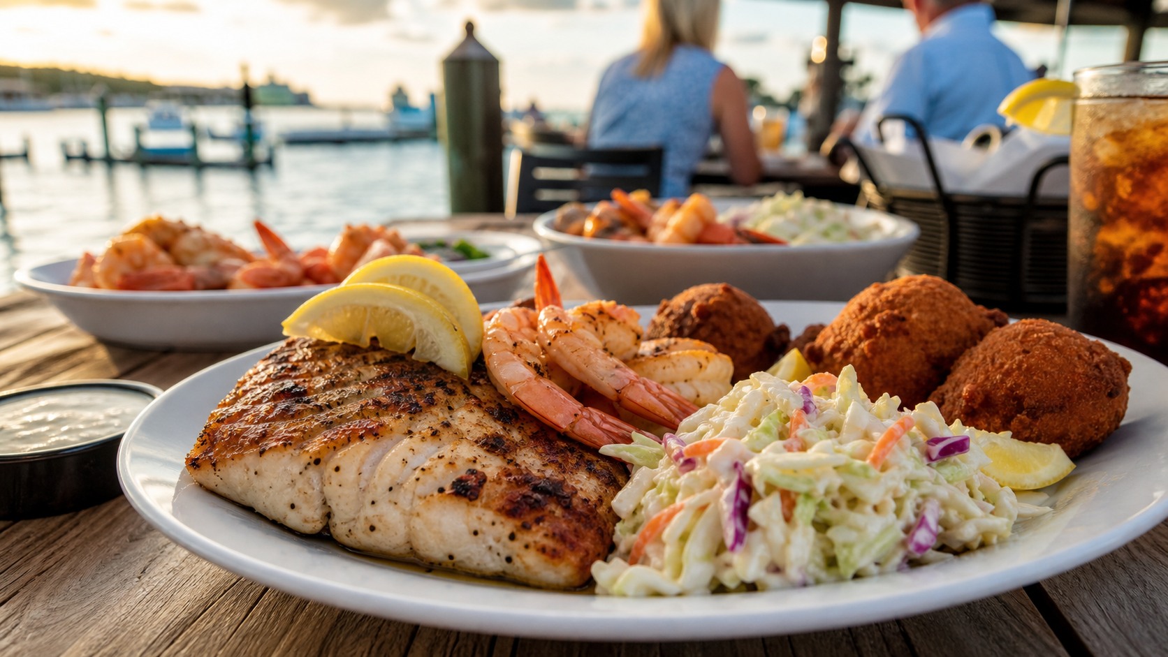 Fresh Gulf Coast seafood dinner with grilled grouper, steamed shrimp, coleslaw and hush puppies at a casual outdoor waterfront restaurant