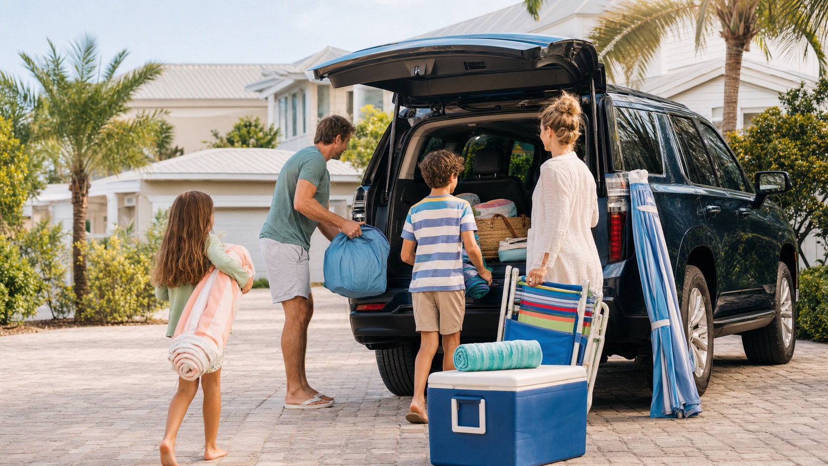 Family loading a large SUV with beach gear for a summer road trip to the Florida Gulf Coast