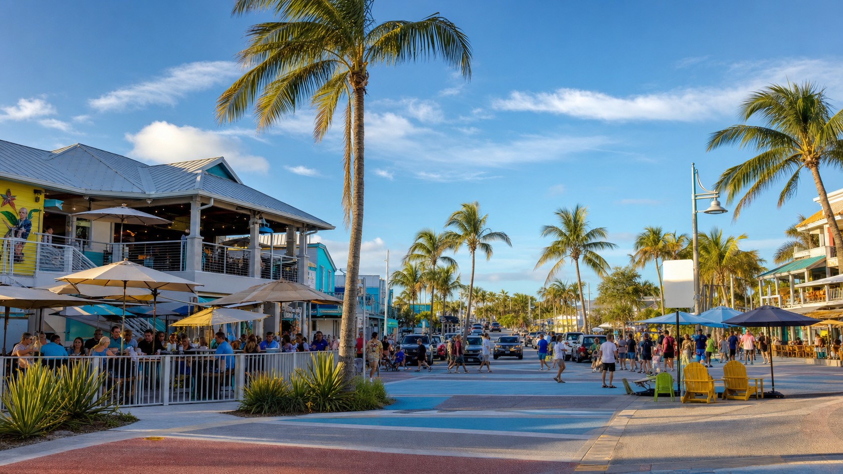 Fort Myers Beach Times Square entertainment district with rebuilt restaurants and shops along Estero Boulevard on a sunny day