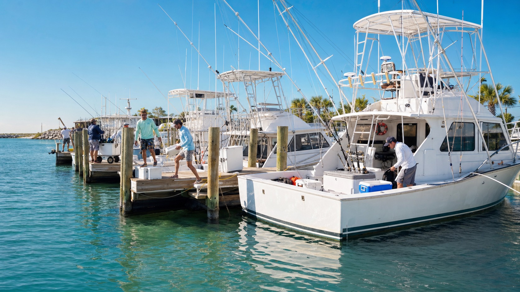 Charter fishing boats lined up at Destin Harbor on a sunny morning with anglers loading gear on the dock and clear green water in the harbor
