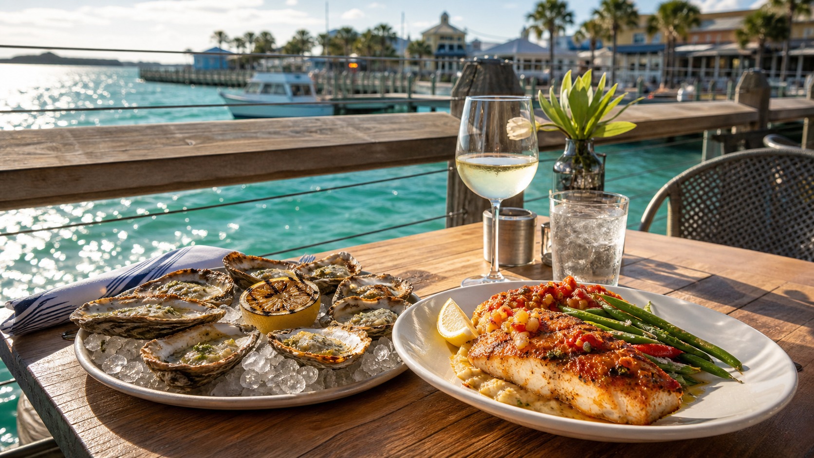 Chargrilled oysters and fresh Gulf grouper served on the outdoor deck of a waterfront seafood restaurant at Destin Harbor Florida on a sunny afternoon