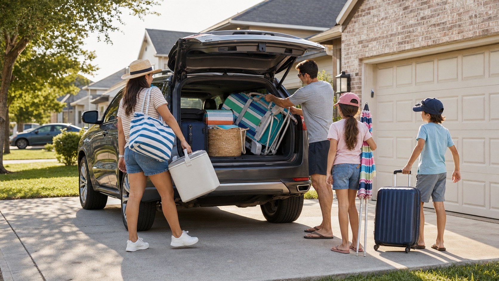 Family loading beach gear and suitcases into an SUV in a suburban Texas driveway early morning before a road trip east to Florida