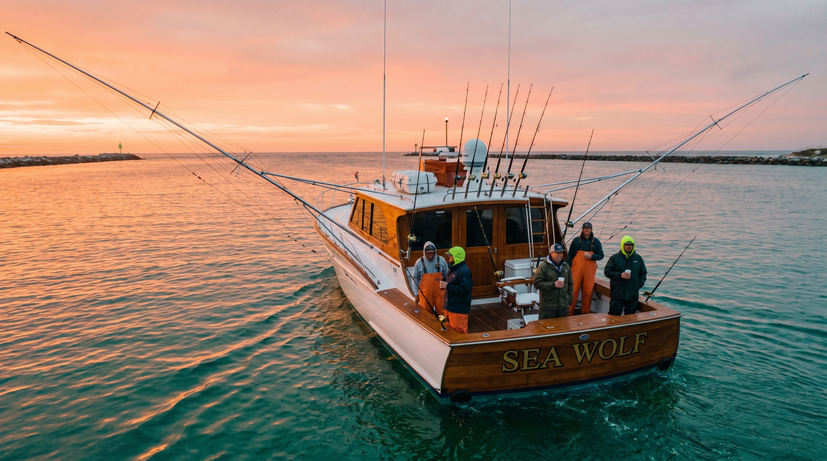 Charter fishing boat heading out of Destin Harbor at sunrise with rods rigged and calm Gulf water ahead