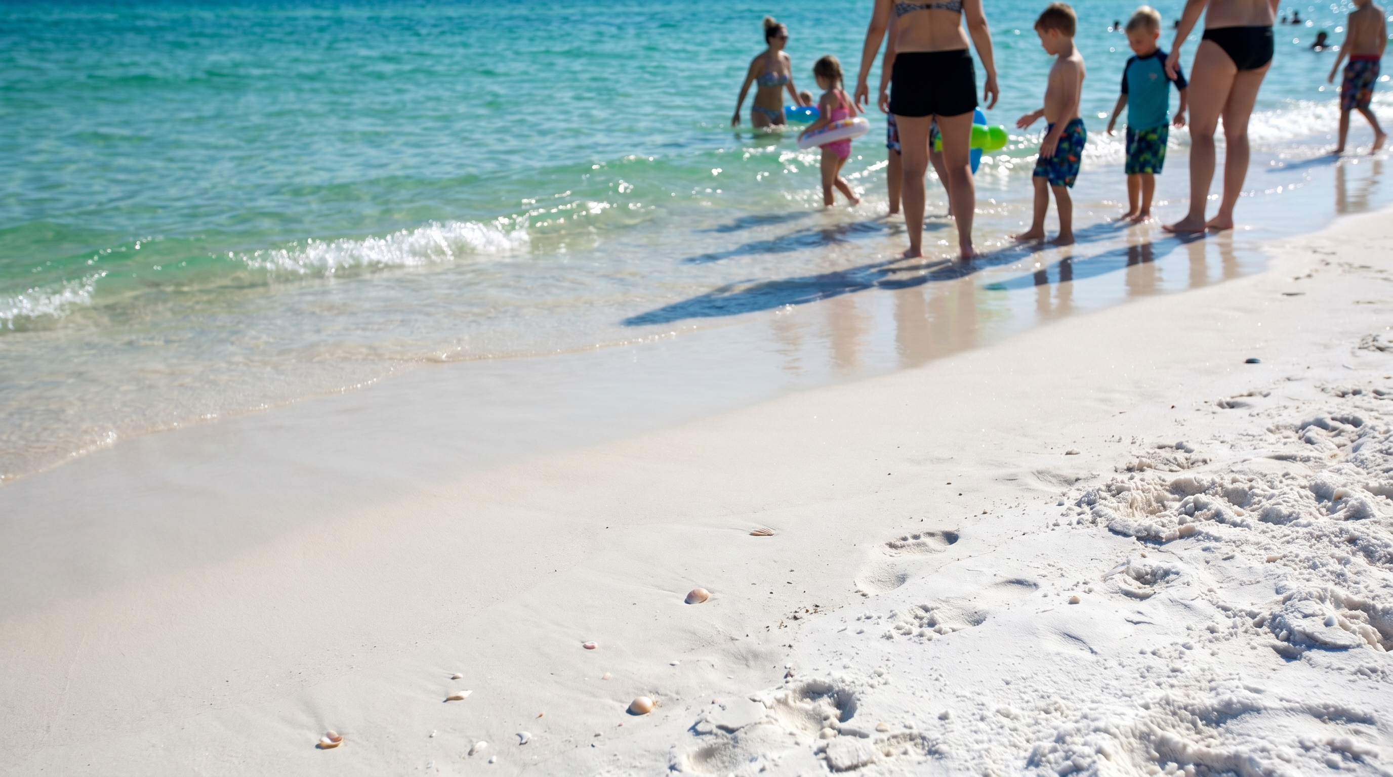 Destin Florida beach with fine white quartz sand and brilliant emerald-green Gulf water on a clear summer morning