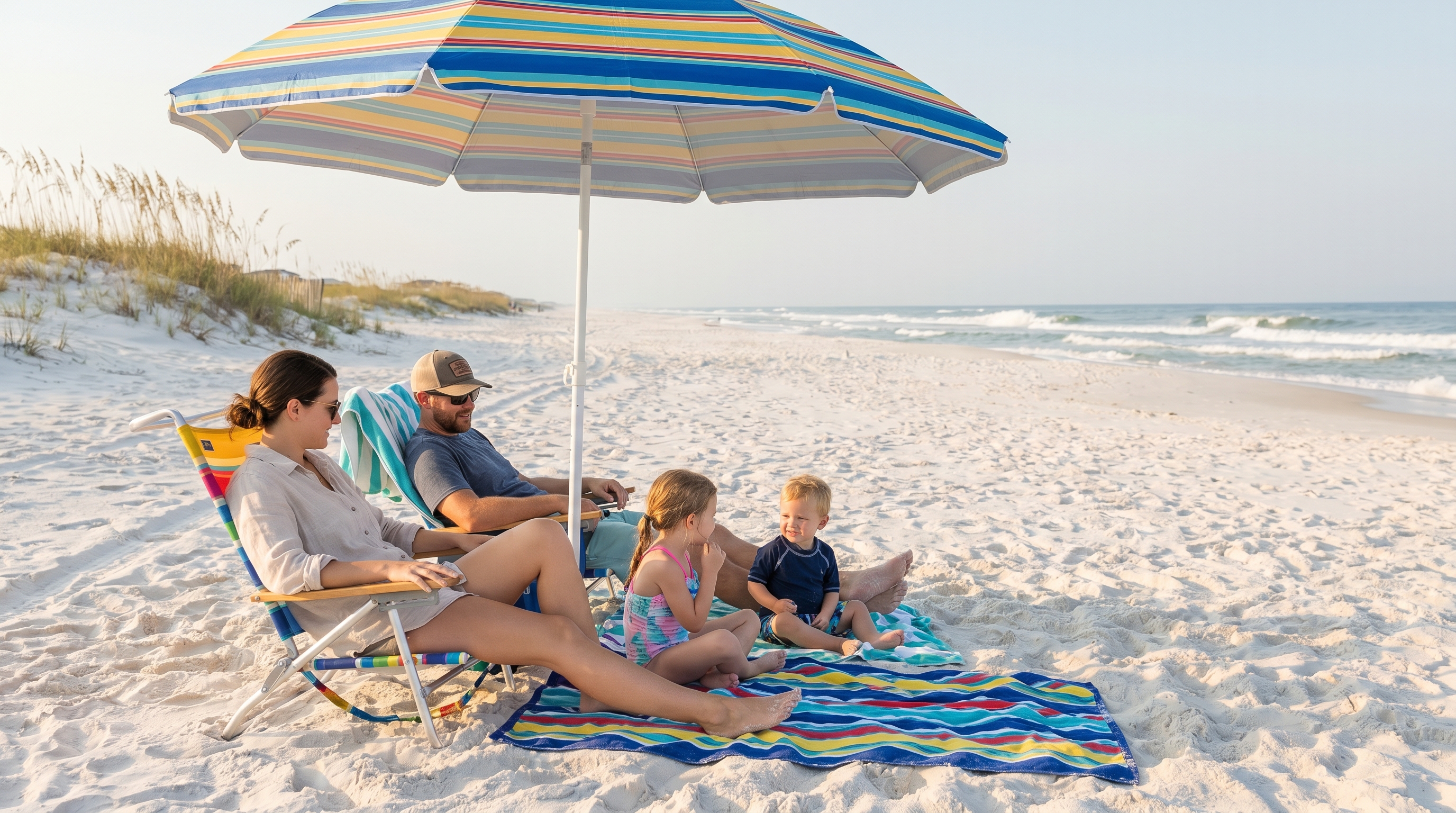 Family relaxing under a beach umbrella on the white sand at Gulf Shores Alabama on a sunny afternoon