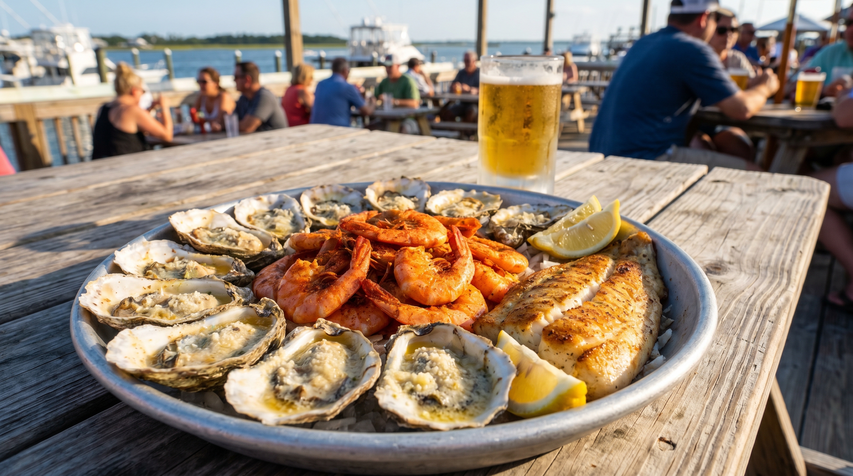 Gulf seafood platter with fried shrimp, chargrilled oysters, and grilled grouper at an outdoor waterfront restaurant