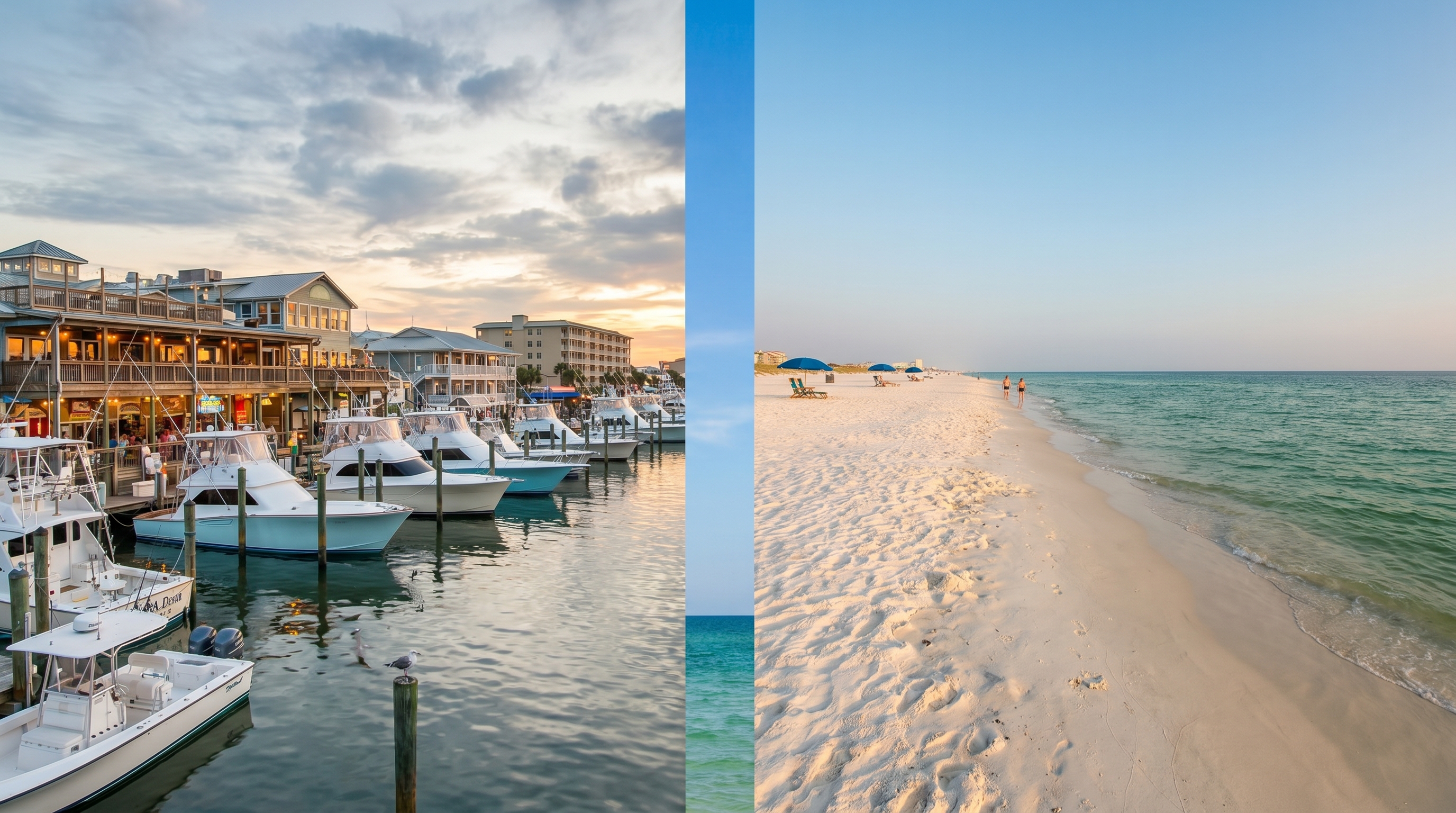 Two families comparing beach vacation options — one at a lively harbor with fishing boats, one on a quiet uncrowded beach