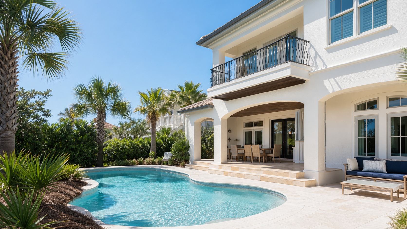 Bright vacation rental home with private pool in Miramar Beach Florida surrounded by tropical landscaping on a sunny day
