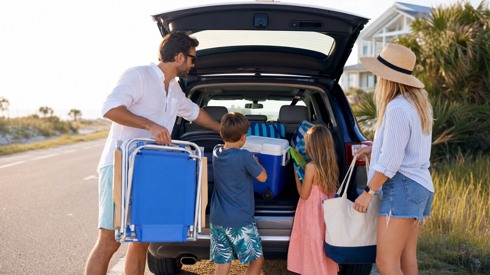 Family loading beach chairs and vacation gear into an SUV for a summer road trip south along the highway