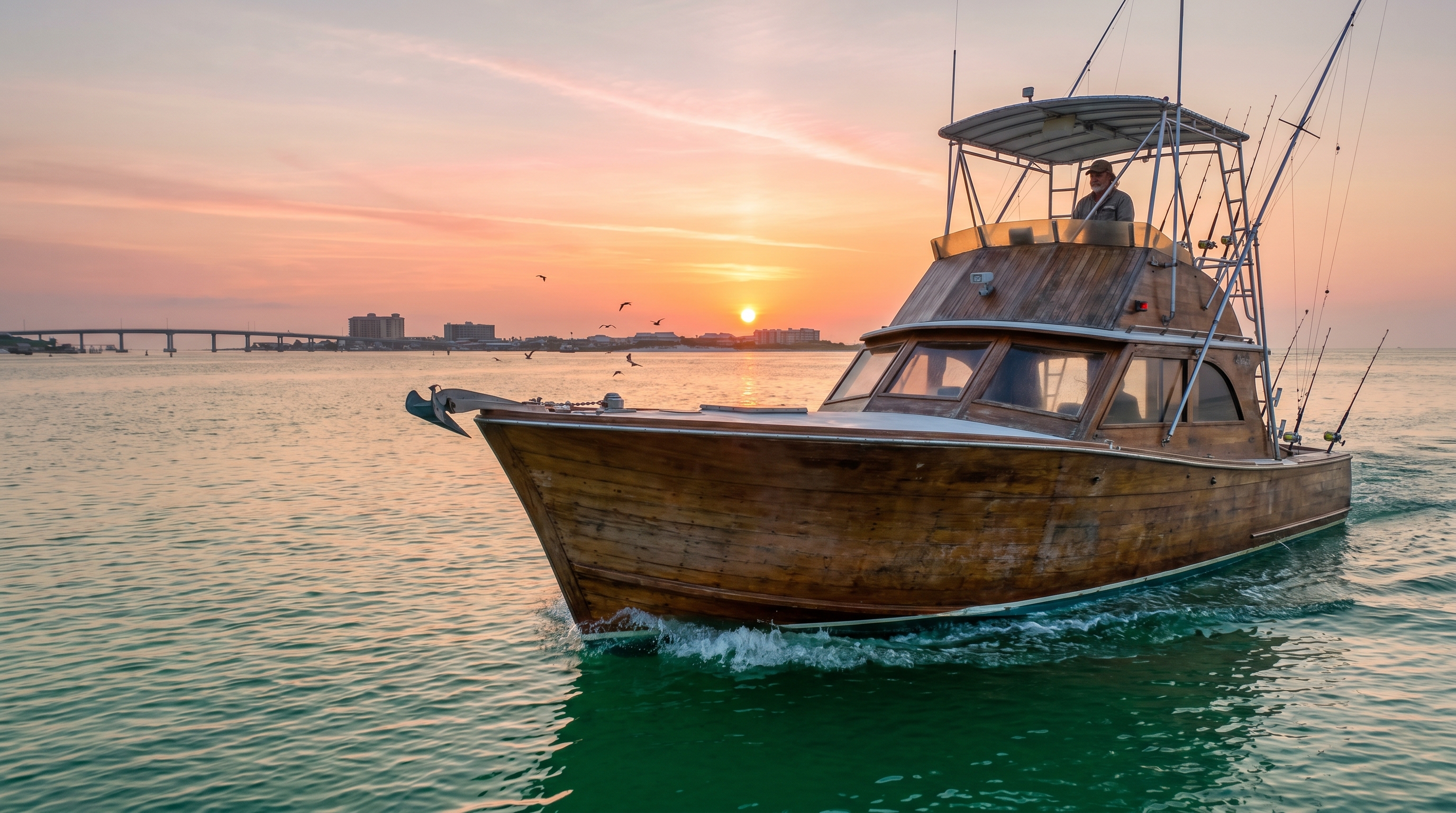 Charter fishing boat heading out of Destin Harbor at sunrise, emerald Gulf water, fishing rods along the stern, seagulls overhead
